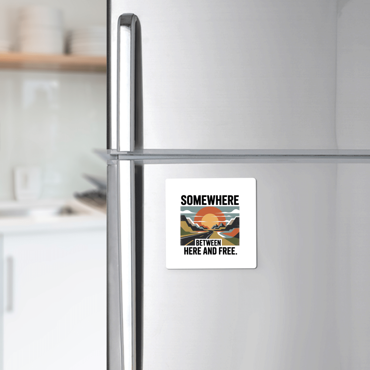 The Mirabilia Boutique "Somewhere Between Here and Free" Magnet features a sunset and mountains design—perfect for adding adventure to your fridge décor.
