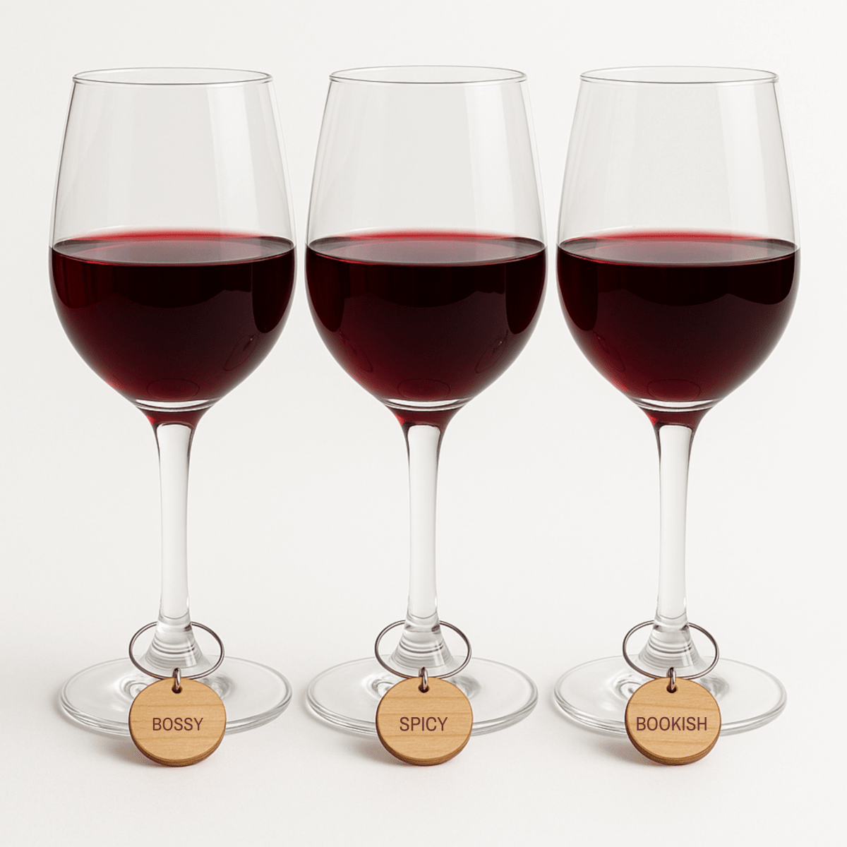 Three wine glasses filled with red wine are each labeled with a wooden charm from the Mirabilia Boutique Bridal Party Personality Wine Charms set—“BOSSY,” “SPICY,” and “BOOKISH.” Displayed side by side on a white background, these unique charms make perfect bridal party gifts or add a fun touch as part of the Bridal Party Personality Wine Charms | Set of 8.