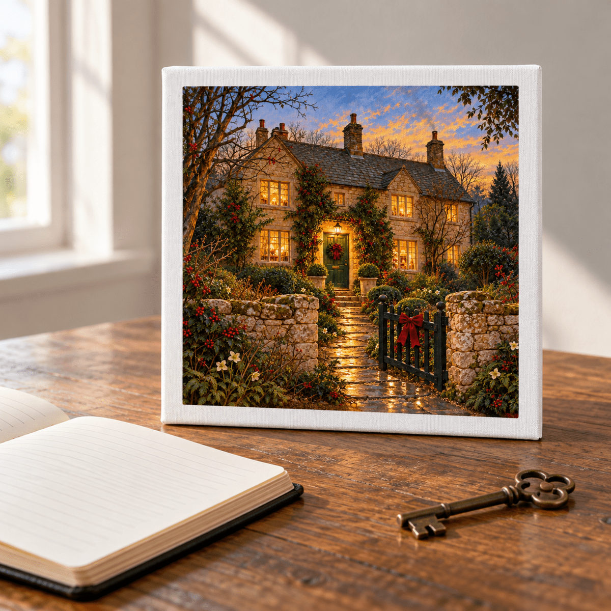 A Christmas at the Gable Canvas by Mirabilia Boutique, depicting a stone cottage decorated for the holidays at sunset, sits on a wooden table beside an open notebook and an antique key.