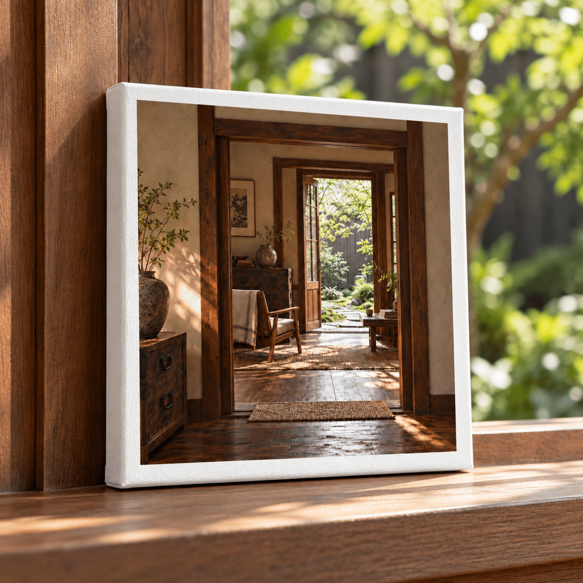 A square Between Rooms Japanese Interior Canvas by Mirabilia Boutique, depicting a sunlit room seen through a series of wooden doorways, resting on a wooden ledge.