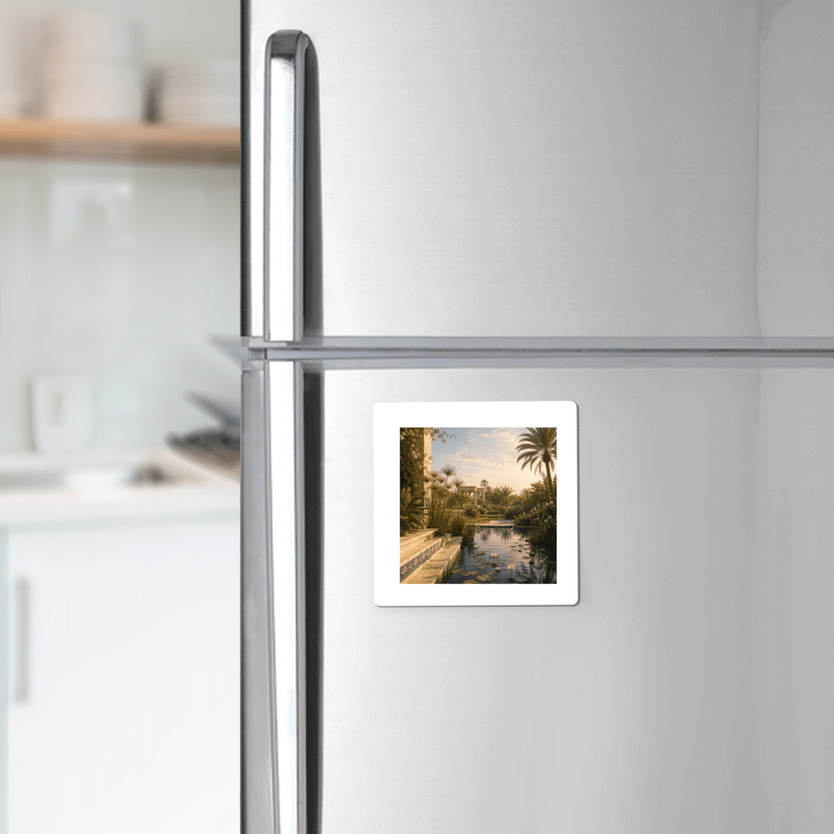 A stainless steel refrigerator adorned with the Mirabilia Boutique Garden of Still Waters Magnet, which features a square photo of a scenic pool, palm trees, and sunset—capturing the tranquil beauty of lotus and papyrus motifs reminiscent of ancient Egyptian decor. Blurry kitchen shelves and dishes are visible in the background.