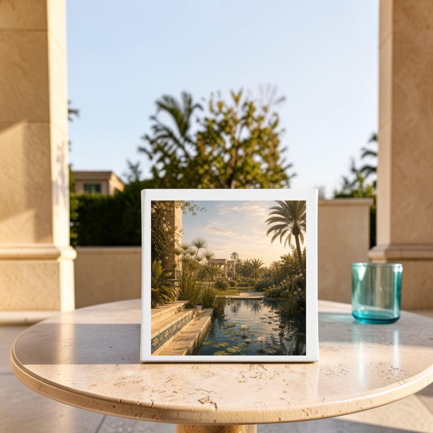 A framed print of “Garden of Still Waters | Egyptian Canvas Wall Art” by Mirabilia Boutique rests on a round stone table outdoors; next to it, a blue glass glimmers while sunlit columns in the background evoke the tranquil elegance characteristic of this lush, palm-filled scene.