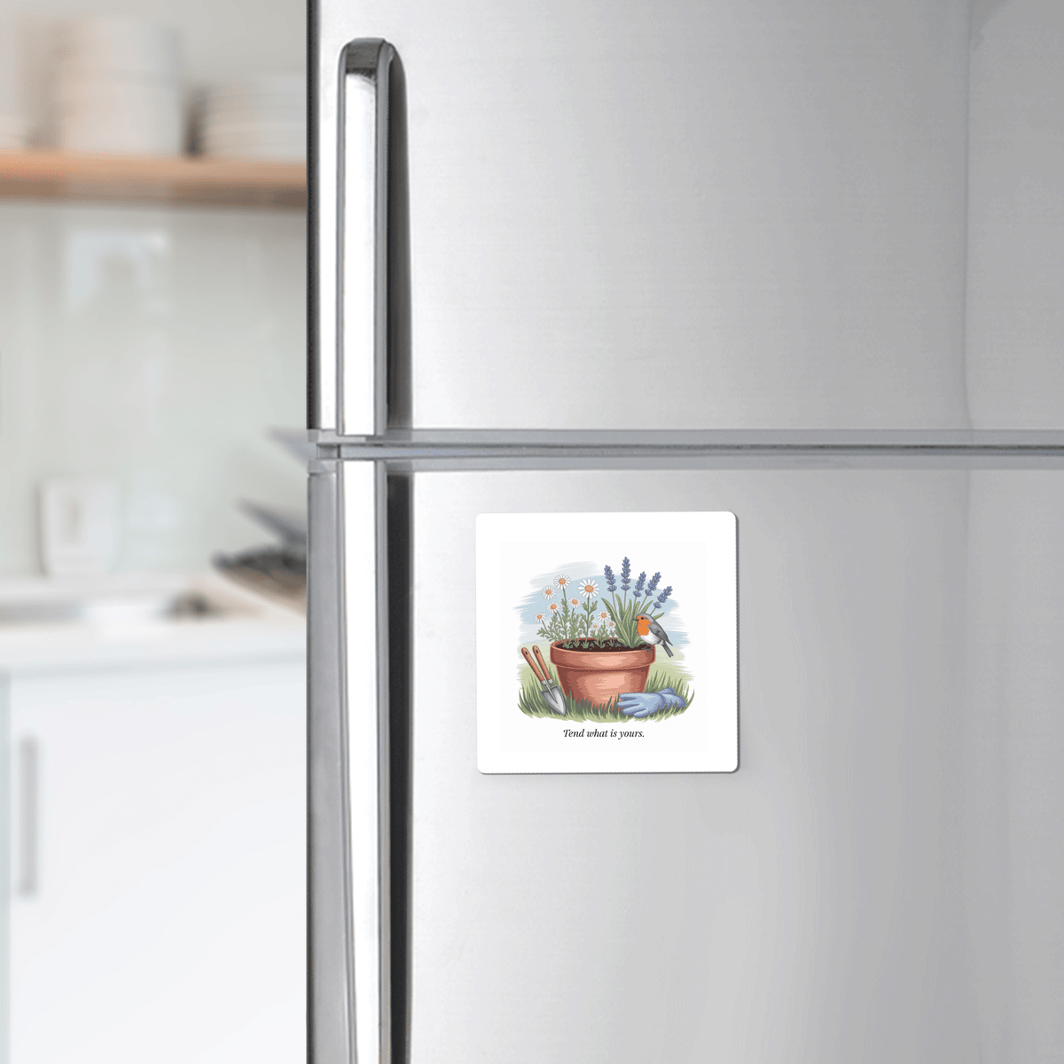 A sleek stainless steel fridge displays the Mirabilia Boutique Tend What Is Yours Magnet—featuring floral art and the quote "Find what is yours"—with a modern kitchen backdrop, making it an ideal inspirational gift.