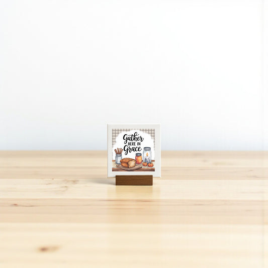 The Mirabilia Boutique Mini Gather Here in Grace Sign (4x4) sits on a wooden table with farmhouse accents—bread, a rolling pin, and kitchen decor—making it a charming Thanksgiving gift against a crisp white background.
