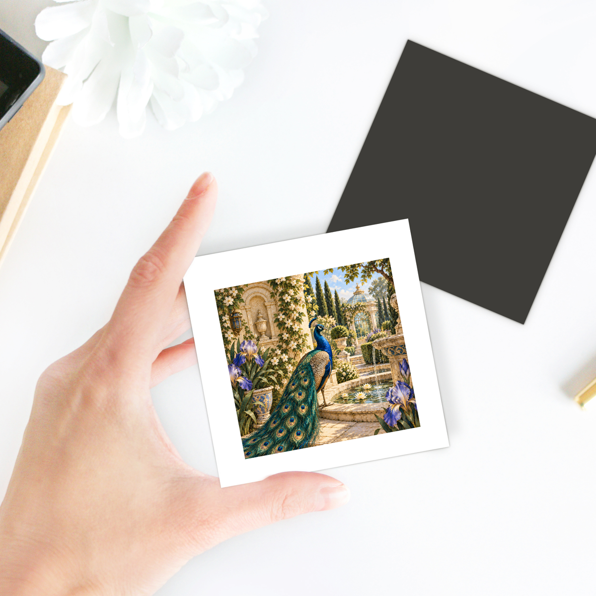 A hand holds the “Afternoon in the Peacock Garden Magnet | Gilded Reverie” by Mirabilia Boutique—a small, square magnet depicting a peacock in an ornate garden. The vibrant miniature rests above a black square and is surrounded by white and beige objects on a white surface, capturing the enchanting charm of this decorative piece.