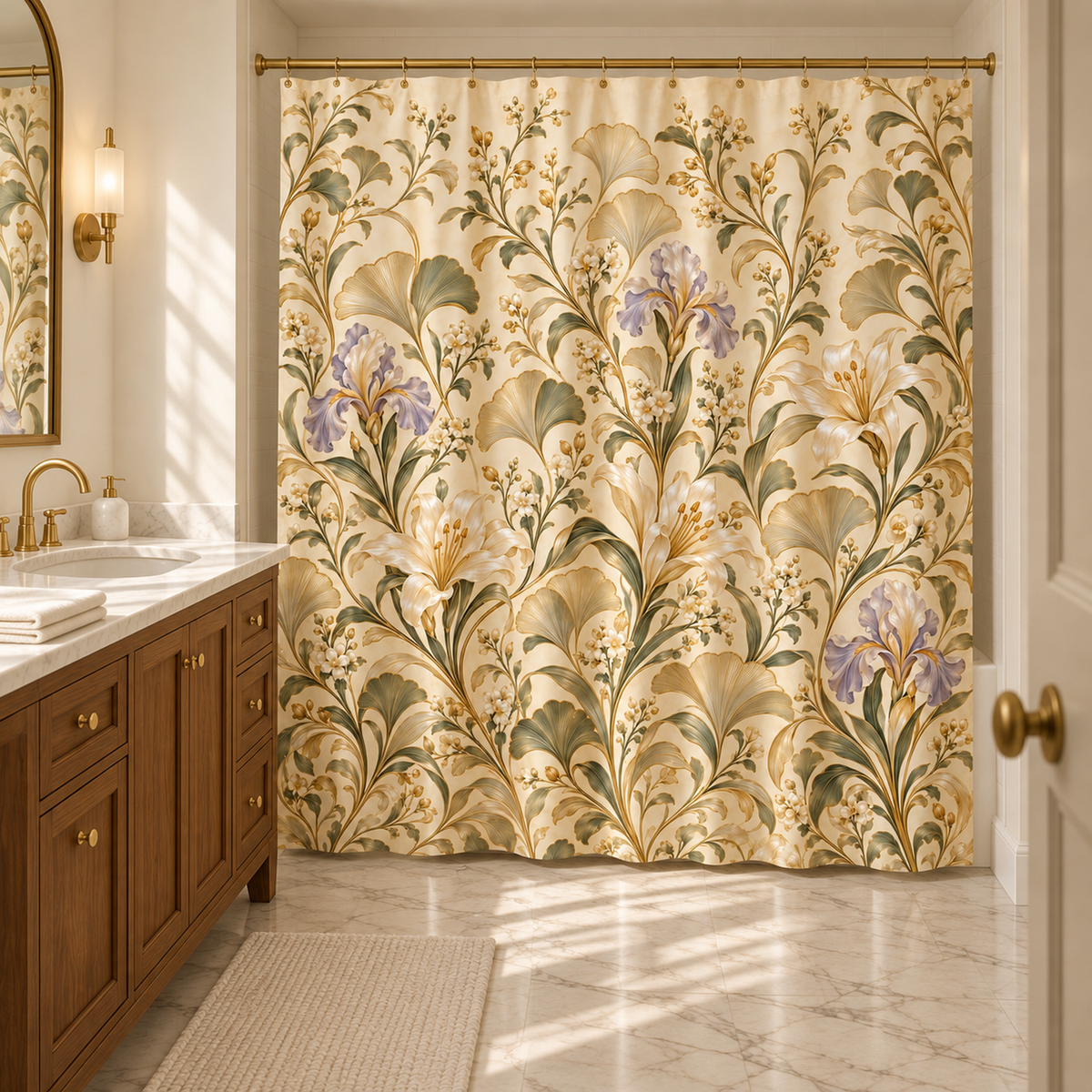 The Golden Conservatory Shower Curtain | Gilded Reverie botanical shower curtain featuring a print of large stylized flowers and fan-shaped leaves in shades of cream, gold, green, and purple.