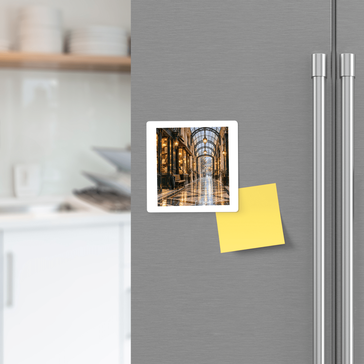 A Passage in the Rain Magnet | Paris Toujours decorative hardboard magnet showing a rainy, arched shopping arcade on a gray refrigerator next to a blank yellow sticky note.