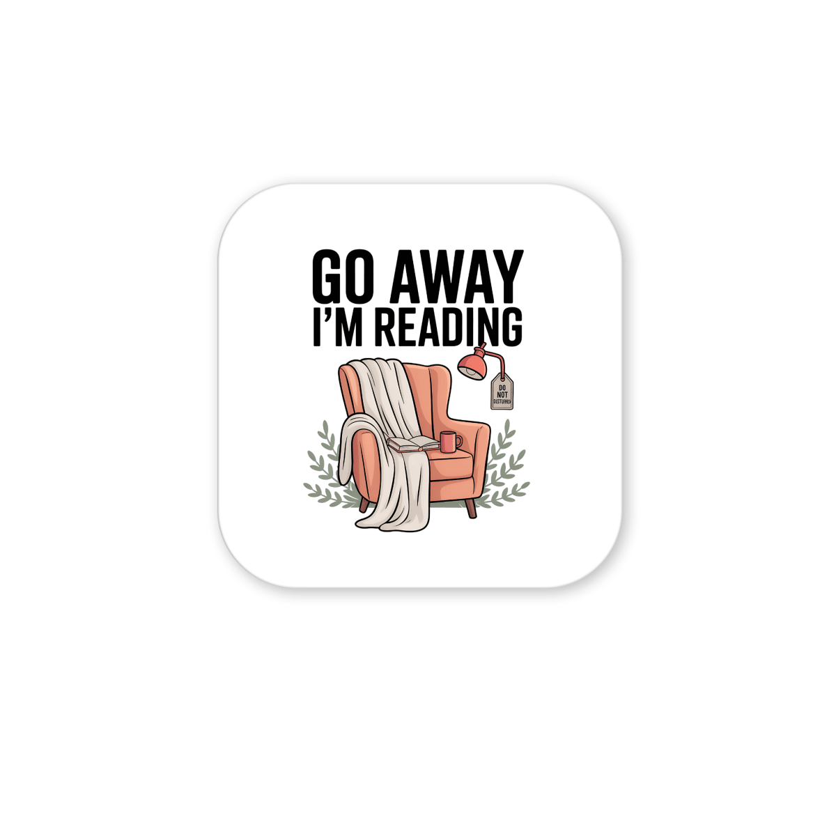 The "Go Away I'm Reading Magnet" by Mirabilia Boutique features a cozy armchair with a blanket, books, mug, lamp, and green leaves. Bold text says “GO AWAY I’M READING”—the perfect funny book lover gift for any fridge!.