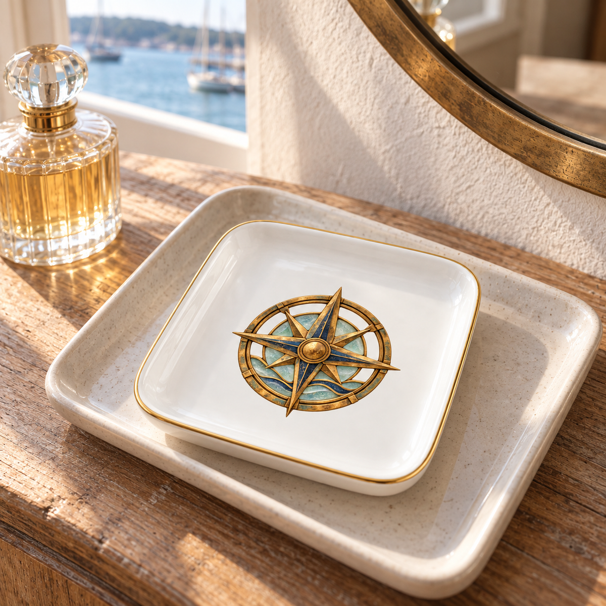 Square Sea Glass Compass Jewelry Tray featuring a gold and blue compass rose design, resting on a wooden surface.