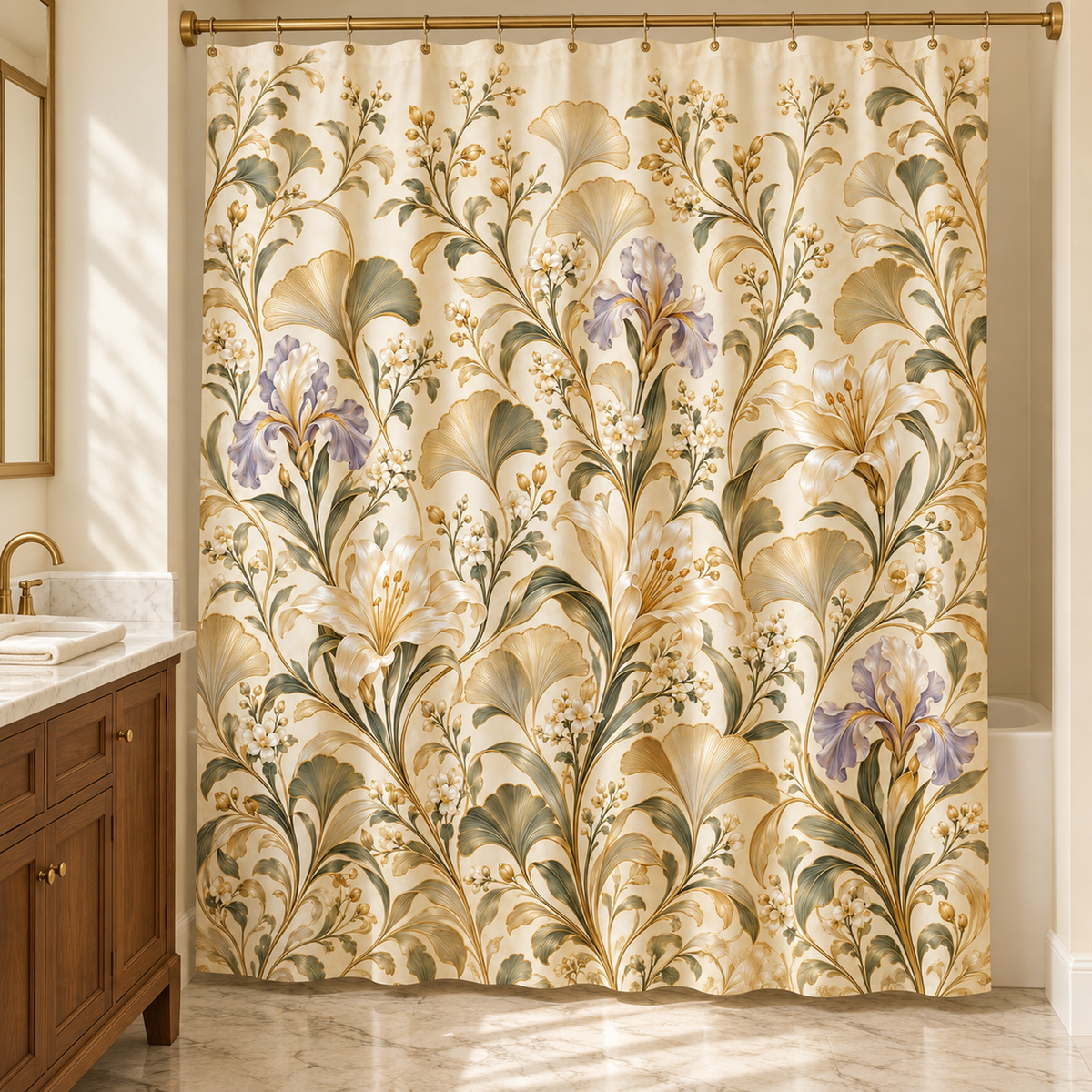 The Golden Conservatory Shower Curtain features a decorative botanical pattern of large lilies, irises, and fan-shaped leaves in shades of gold, cream, and muted green.