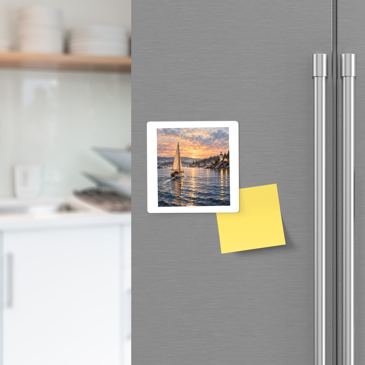 A The Long Way Home Magnet from Mirabilia Boutique, featuring a sailboat on the water at sunset near a lighthouse, on a stainless steel refrigerator next to a blank yellow sticky note.