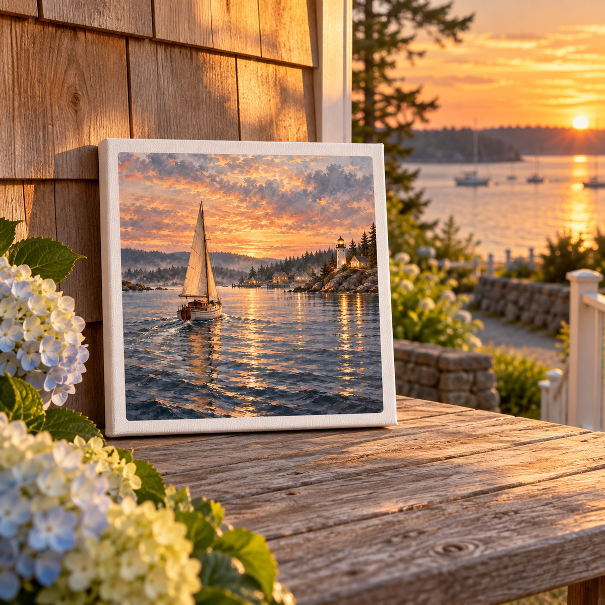 The Long Way Home Canvas by Mirabilia Boutique, a square print of a coastal sailboat and lighthouse at sunset, displayed on a wooden deck next to blue and white hydrangeas.