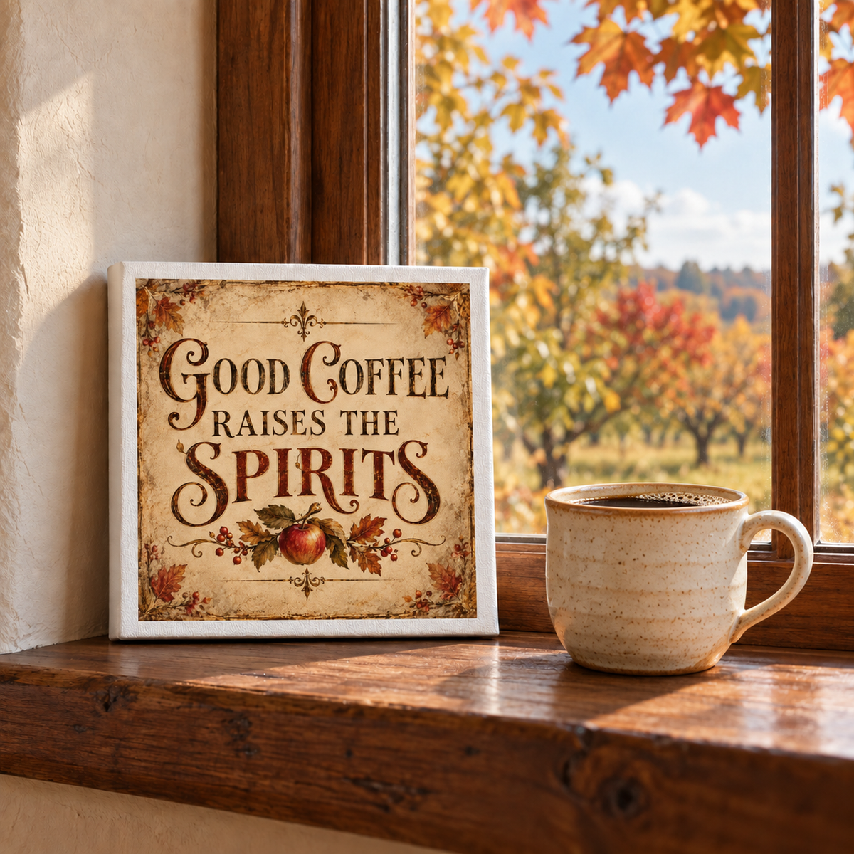 A mug of coffee sits on a wooden windowsill next to the Mirabilia Boutique Good Coffee Raises the Spirits Canvas Sign, with autumn trees and orange leaves visible outside.