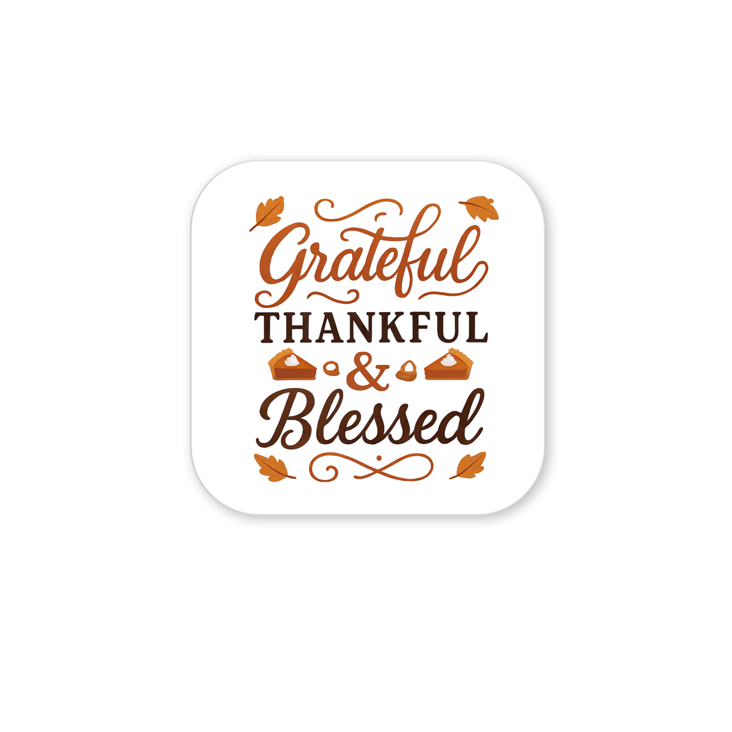The Grateful Thankful Blessed Magnet by Mirabilia Boutique features festive fonts with orange leaves and pies on white—ideal as fall fridge decor or a Thanksgiving gift.