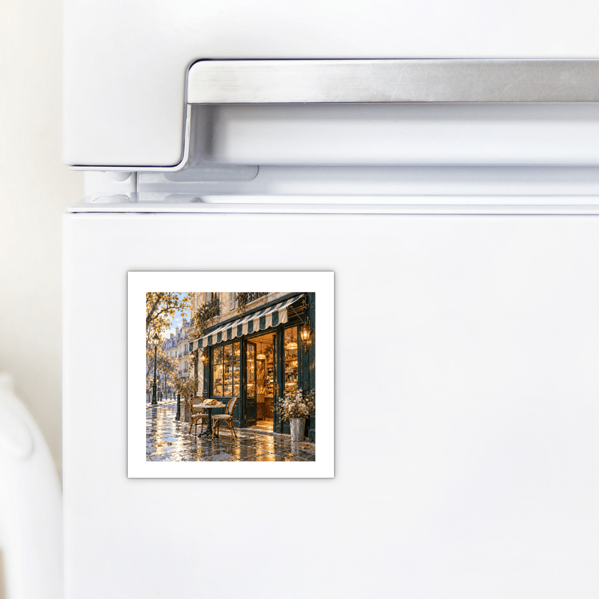 The City Before Nine Magnet | Paris Toujours square magnet on a white refrigerator depicting a Paris café art storefront with bistro tables on a wet street.