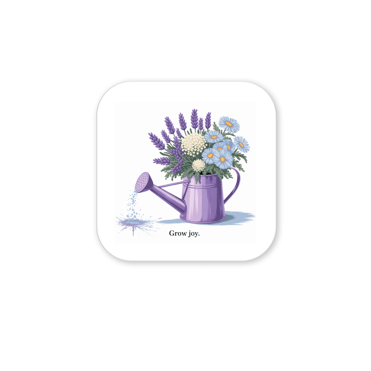 The Grow Joy Magnet – Watering Can & Soft Garden Florals by Mirabilia Boutique features a purple watering can with lavender, daisies, and white flowers, plus the words “Grow joy.” Perfect for kitchen decor or gifting to gardening lovers.