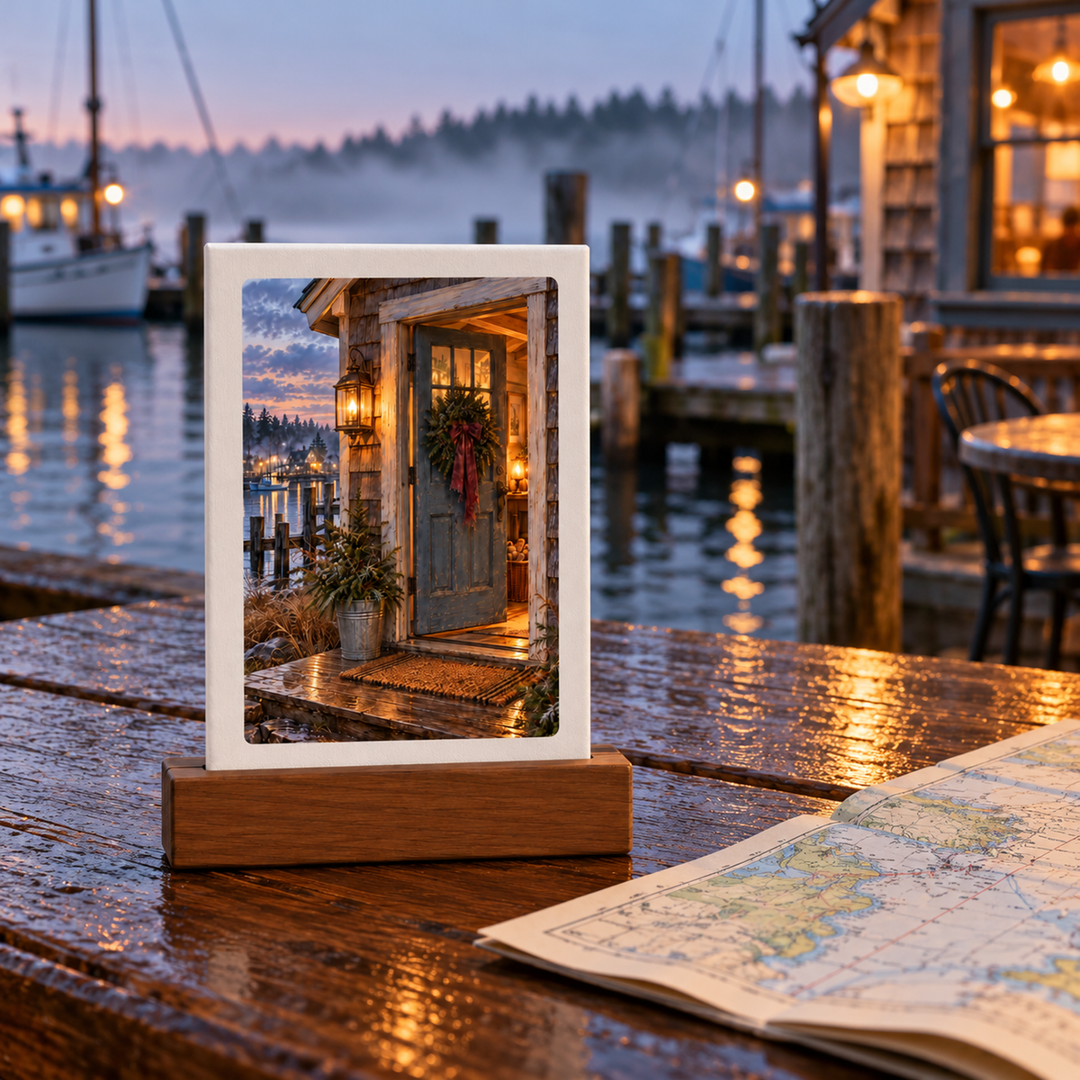 A Coming Home for Christmas Mini Sign by Mirabilia Boutique, featuring winter doorway art of a Christmas-decorated cabin, sits in a wooden stand on a wet outdoor table alongside a map.