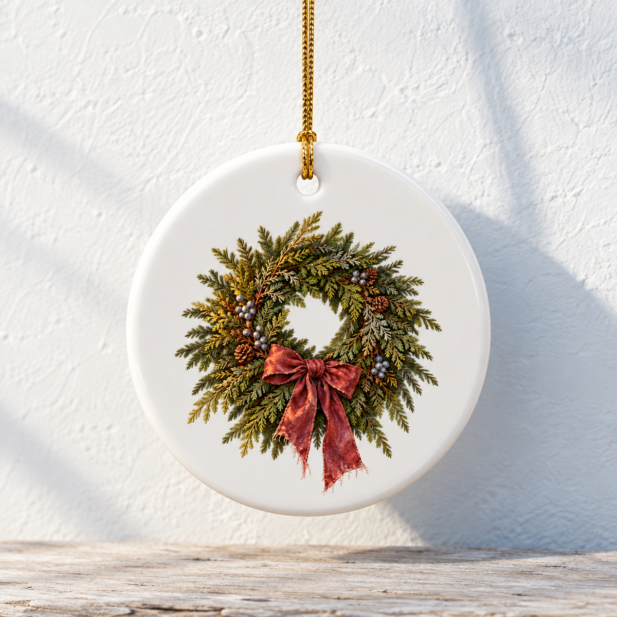 The Harbor Door Wreath Ornament is a round white ceramic Christmas ornament featuring a printed wreath of evergreen branches, pinecones, and berries with a red ribbon tied at the bottom, hanging by a gold cord.