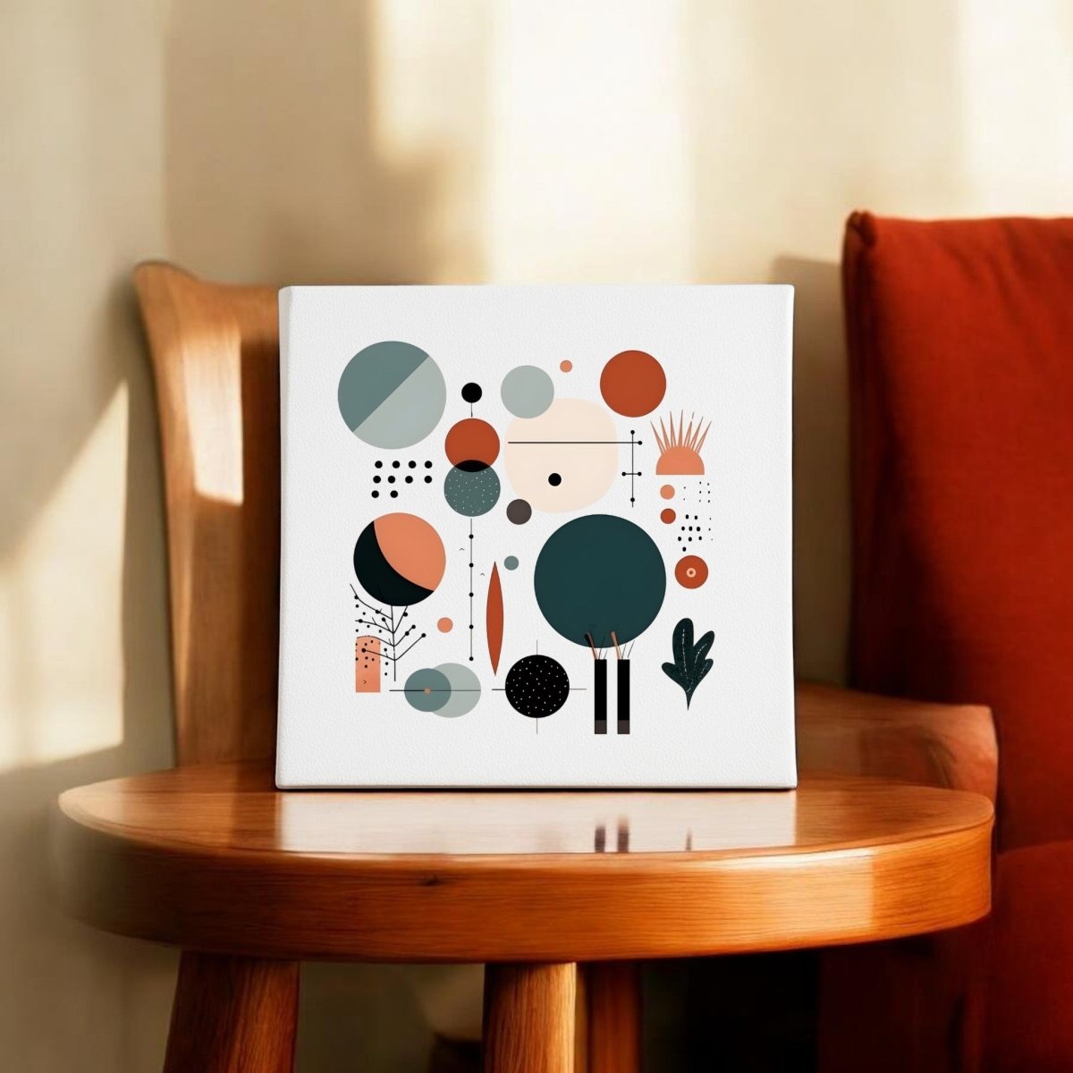 The Harvest Sun Mid Century Modern Canvas by Mirabilia Boutique, featuring abstract geometric shapes in muted tones, rests on a round wooden table next to a wooden chair with a rust cushion as warm sunlight streams in.