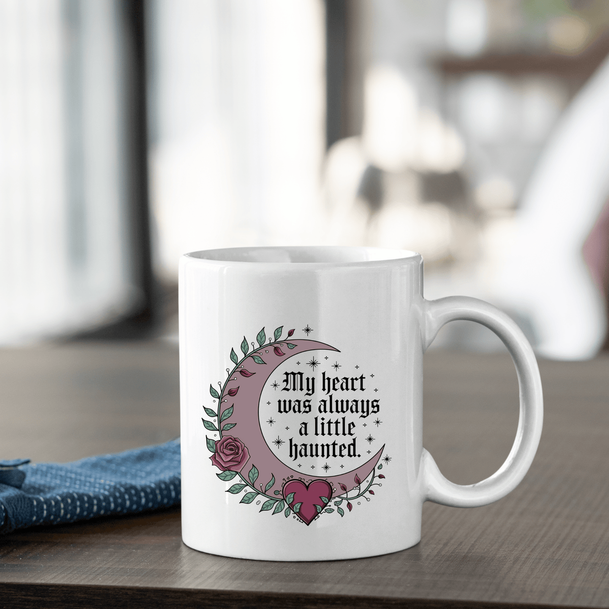 The Gothic Mug | My Heart Was Always a Little Haunted by Mirabilia Boutique features a white design with a moon and pink heart—perfect for dark romance fans.