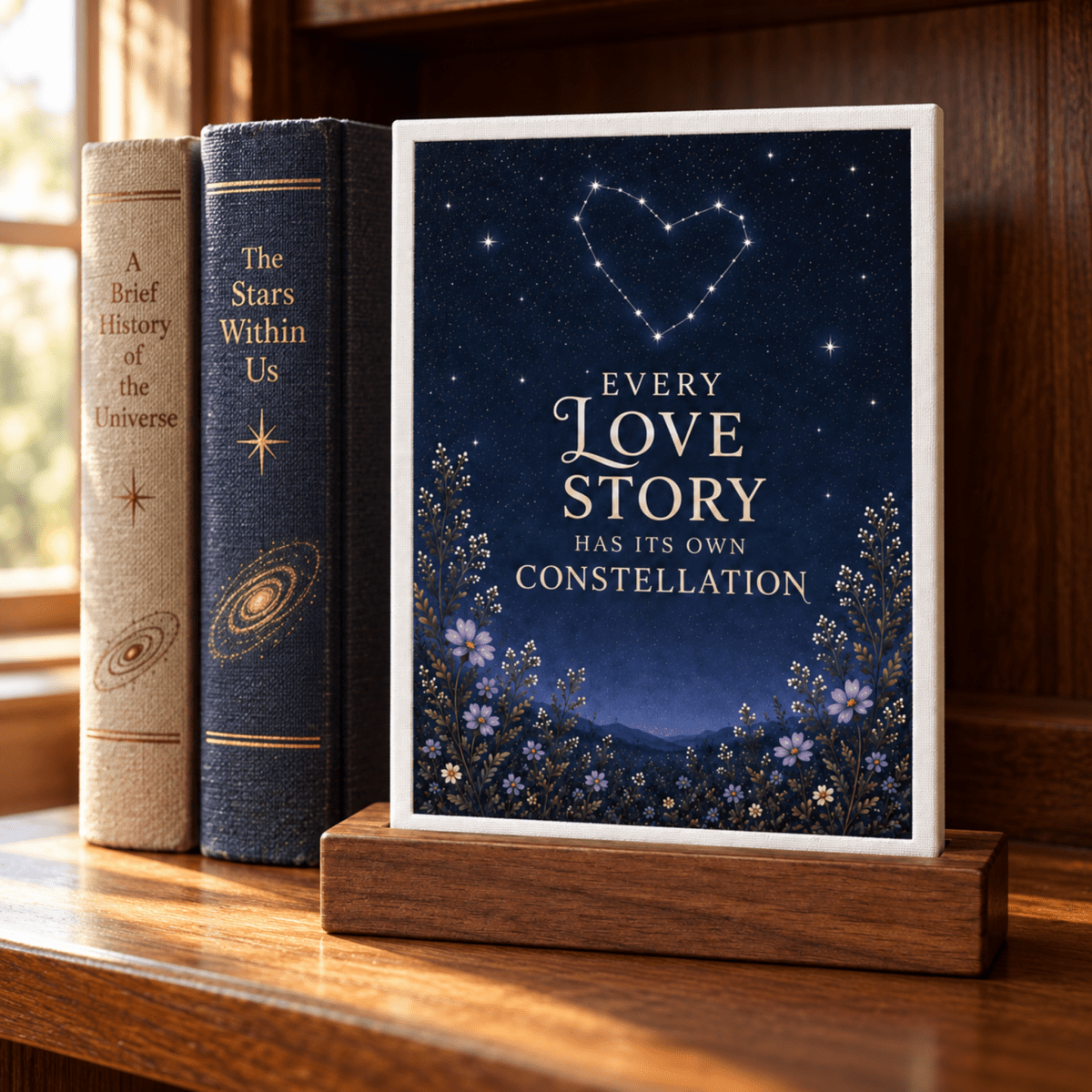 Every Love Story Constellation Mini Sign on a wooden stand, featuring a heart-shaped star formation above the text, “Every love story has its own constellation.”