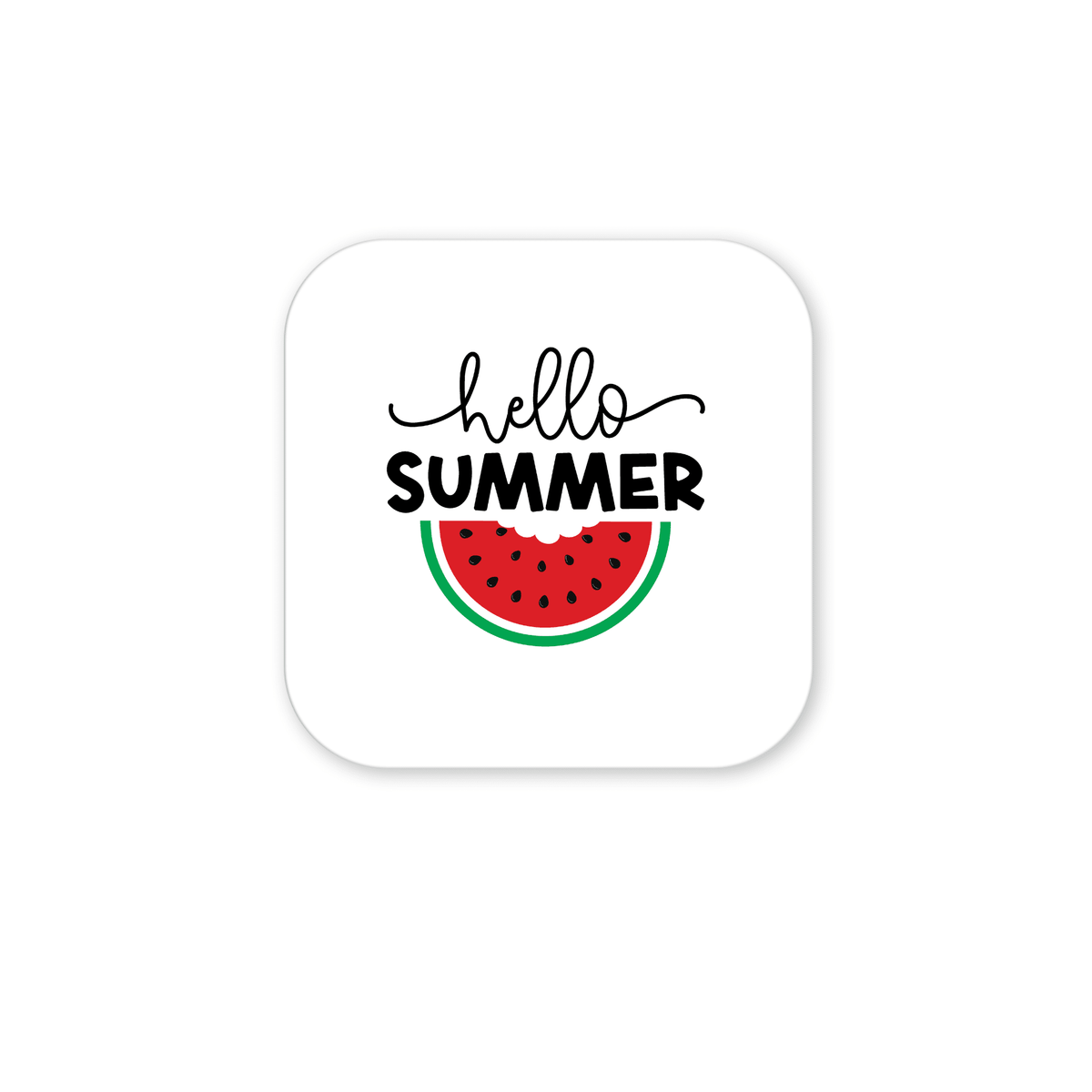 Add cheerful summer vibes to your fridge with the Hello Summer Watermelon Magnet – Juicy Seasonal Fridge Art by Mirabilia Boutique, featuring "hello SUMMER" above a watermelon slice on a white, rounded square background.