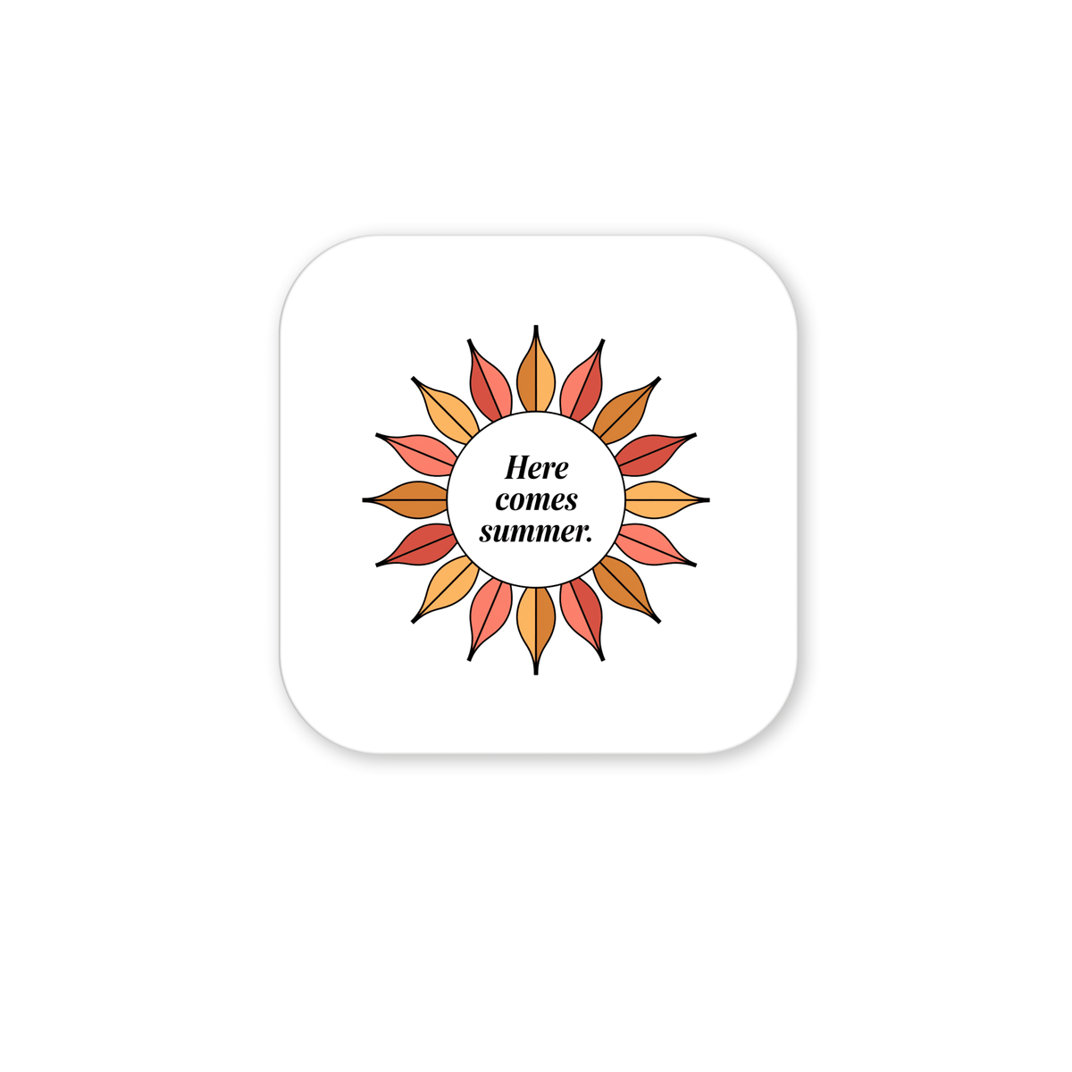 The Here Comes Summer Magnet – Retro Sunburst Mini Art by Mirabilia Boutique features orange and yellow rays framing "Here comes summer" on a square white magnet with rounded corners.