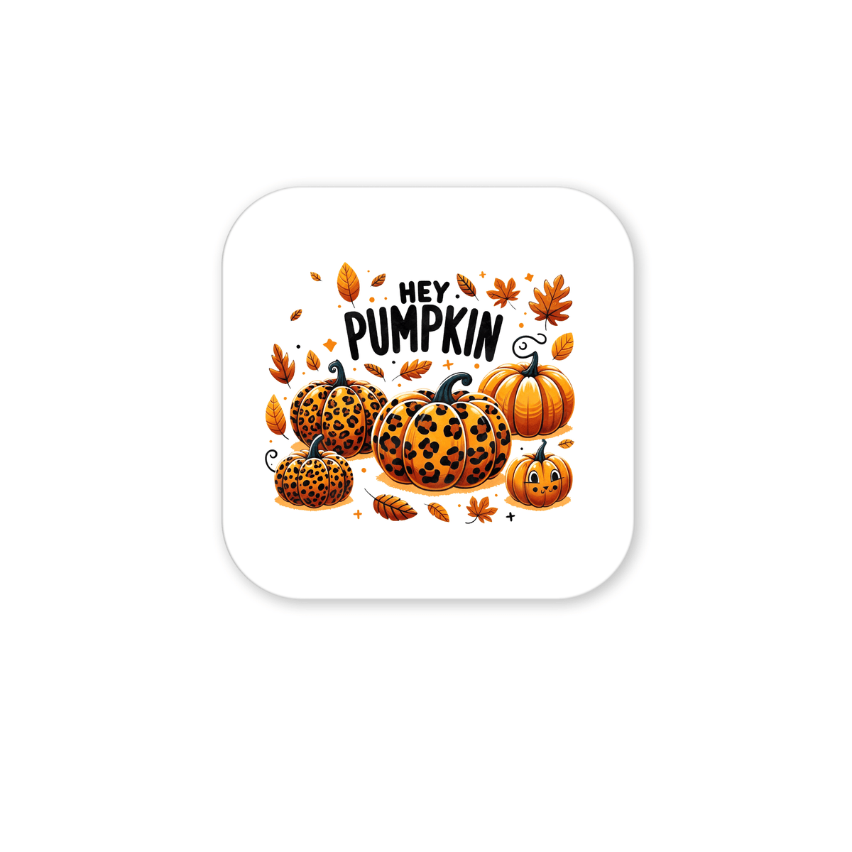 The Hey Pumpkin Magnet by Mirabilia Boutique features leopard print pumpkins with autumn leaves and "HEY PUMPKIN" text—perfect fall fridge decor for your kitchen.