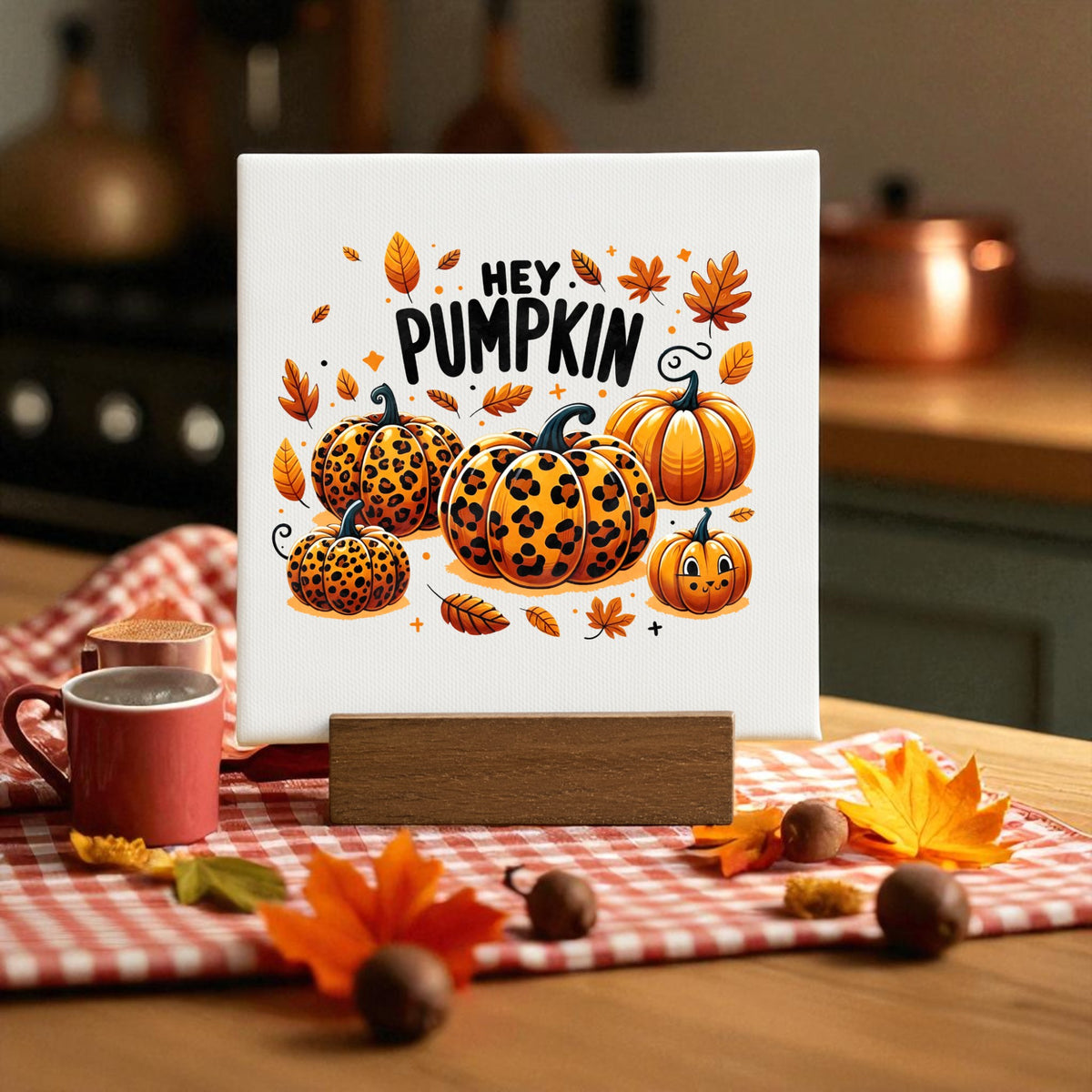 A kitchen displays the "Hey Pumpkin Mini Sign" by Mirabilia Boutique, featuring leopard print pumpkins and autumn leaves. Fall decor and a mug sit on a checkered cloth, adding charm to the cozy fall scene.
