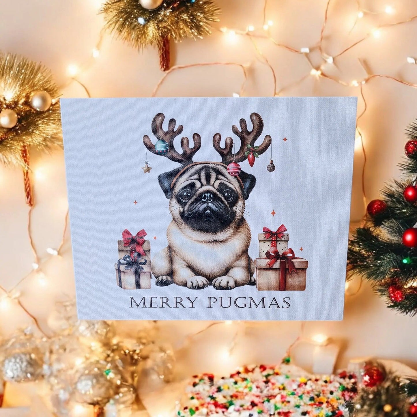 The Mirabilia Boutique Merry Pugmas Canvas Wall Art is an 8x10 UV printed décor featuring a festive pug—an adorable, funny Christmas gift for dog lovers.