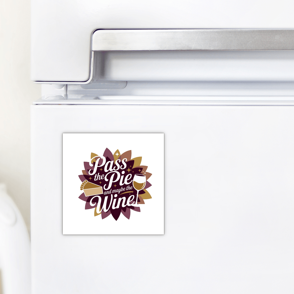 The Mirabilia Boutique Pass the Pie & Wine Magnet is a funny Thanksgiving fridge decor with pie and wine glass art—perfect for holiday kitchens or as a wine lover gift.