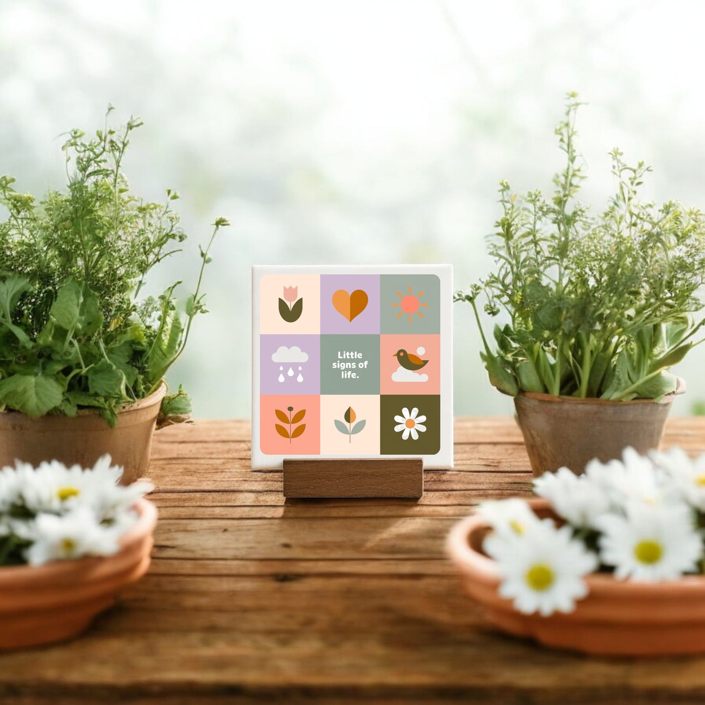 The Little Signs of Life Mini Canvas Sign with Base by Mirabilia Boutique features colorful plant and nature icons, displayed between potted green herbs and white daisies on a wooden table—perfect inspirational desk decor with a blurred garden backdrop.