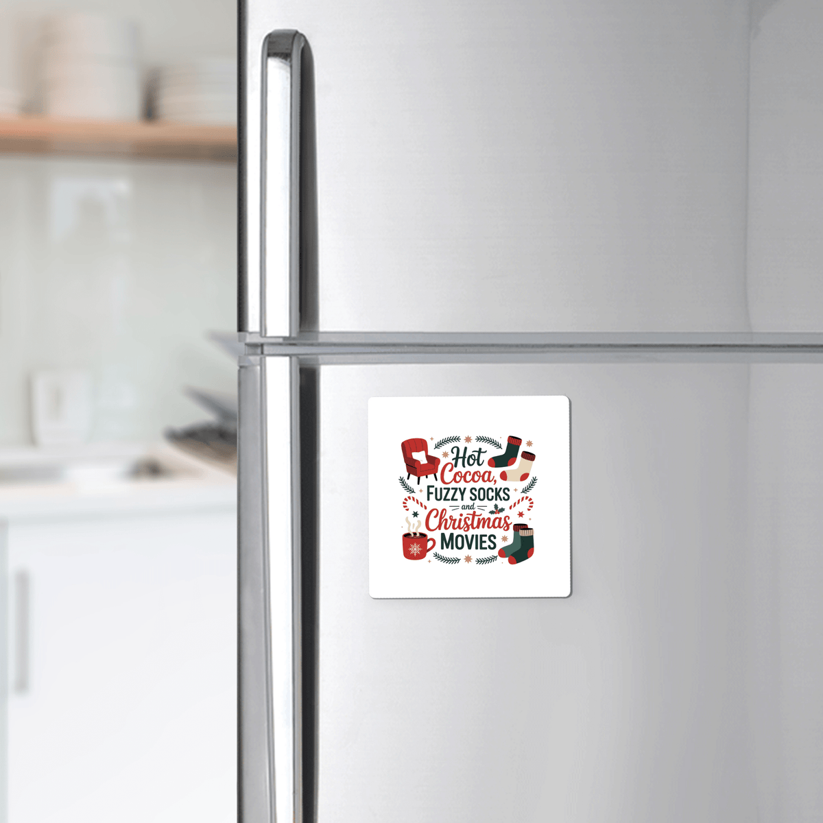 The "Hot Cocoa, Fuzzy Socks, Christmas Movies" funny Christmas magnet by Mirabilia Boutique is a festive fridge accessory—ideal décor or a charming stocking stuffer for any modern kitchen.