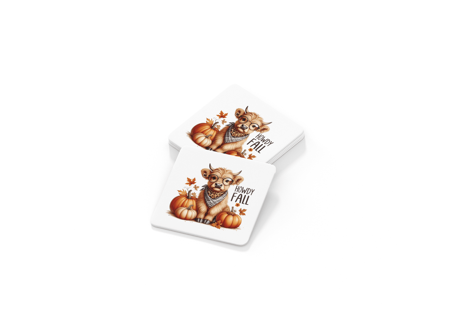 Add these Howdy Fall Highland Cow Coasters from Mirabilia Boutique to your autumn decor! This set includes two square coasters with a festive fall design—perfect for any rustic or western-themed home.