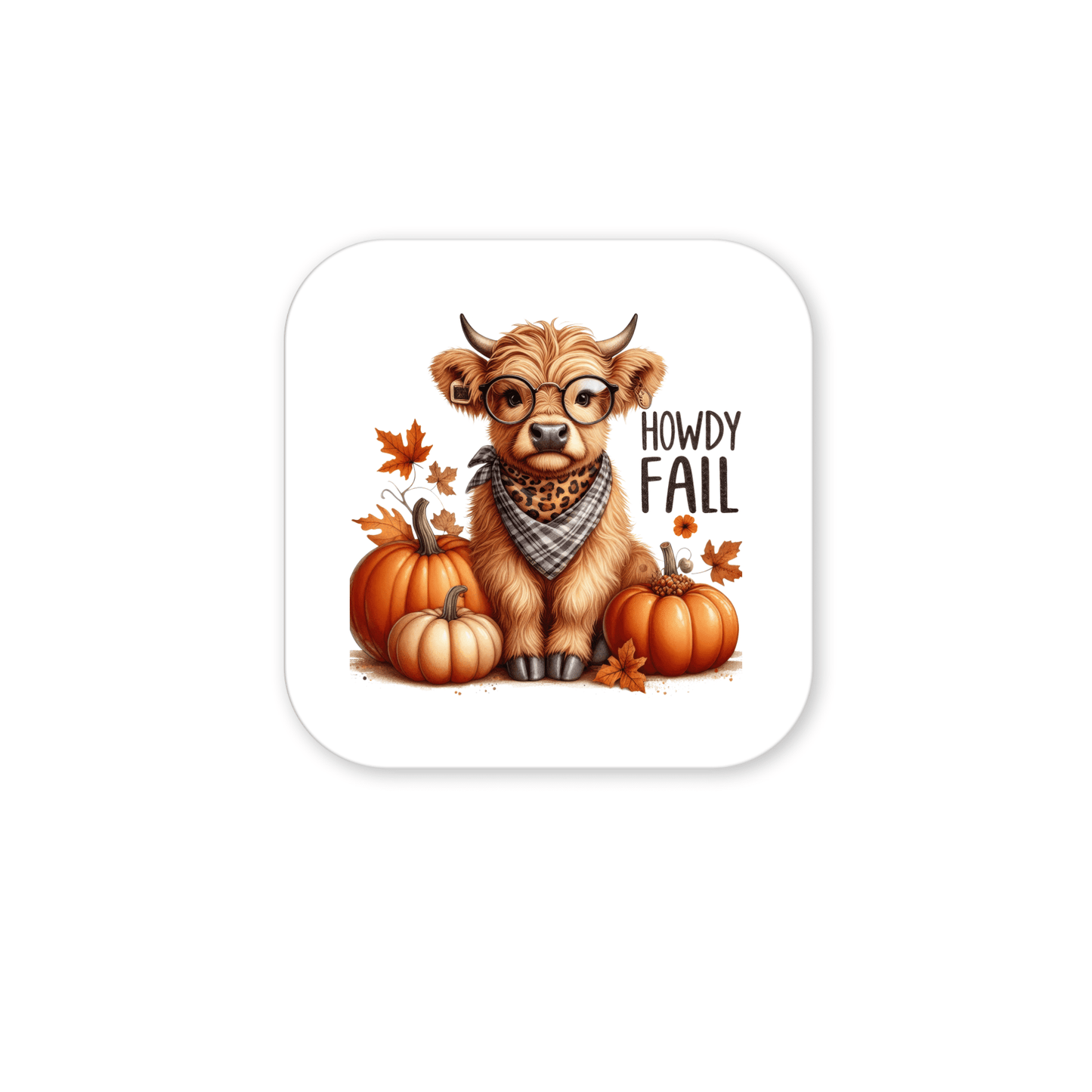 The Howdy Fall Highland Cow Magnet from Mirabilia Boutique features a cute cow in glasses and scarf with pumpkins and leaves—ideal autumn kitchen decor!.