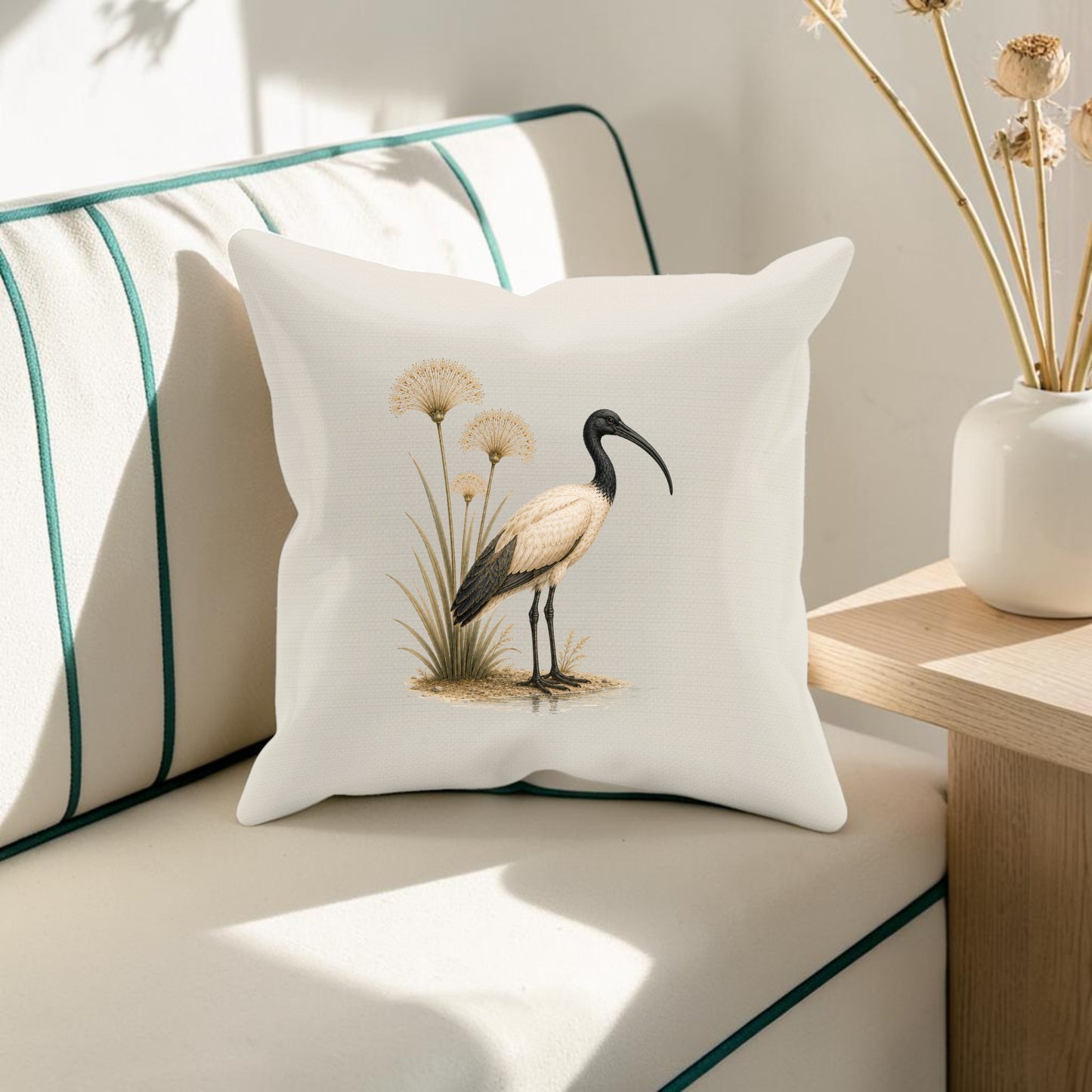 A white sofa is adorned with the Ibis & Papyrus Pillow from Mirabilia Boutique, featuring an illustrated ibis among tall grasses. Sunlight streams in, casting soft shadows, while a light wood table with a white vase of dried flowers stands beside the sofa.