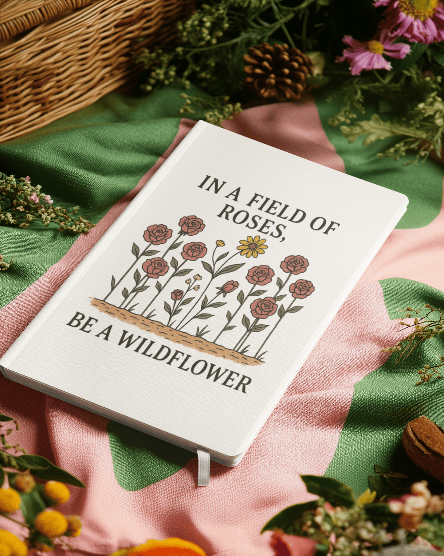 The Be a Wildflower Journal | Motivational Hardcover Notebook by Mirabilia Boutique features rose and yellow wildflower art with the quote "In a field of roses, be a wildflower"—a unique gift for anyone who loves floral inspiration.