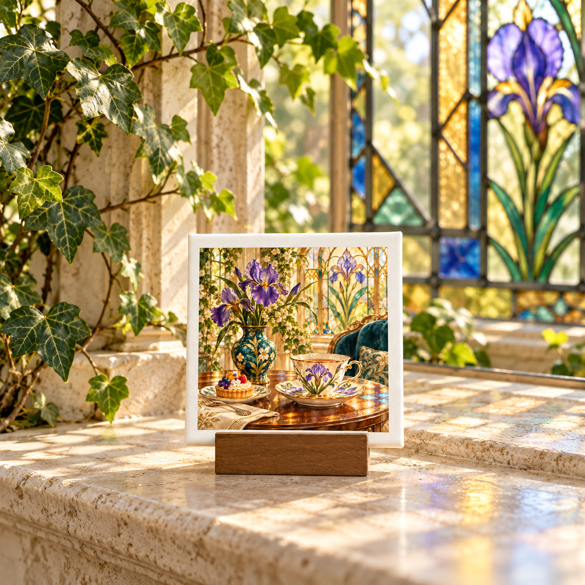 The A Day Worth Savoring Birthday Mini Sign | Gilded Reverie is a 4x4 inch artwork of a floral teacup and vase on a table, displayed on a wooden stand upon a stone ledge in front of stained glass windows.