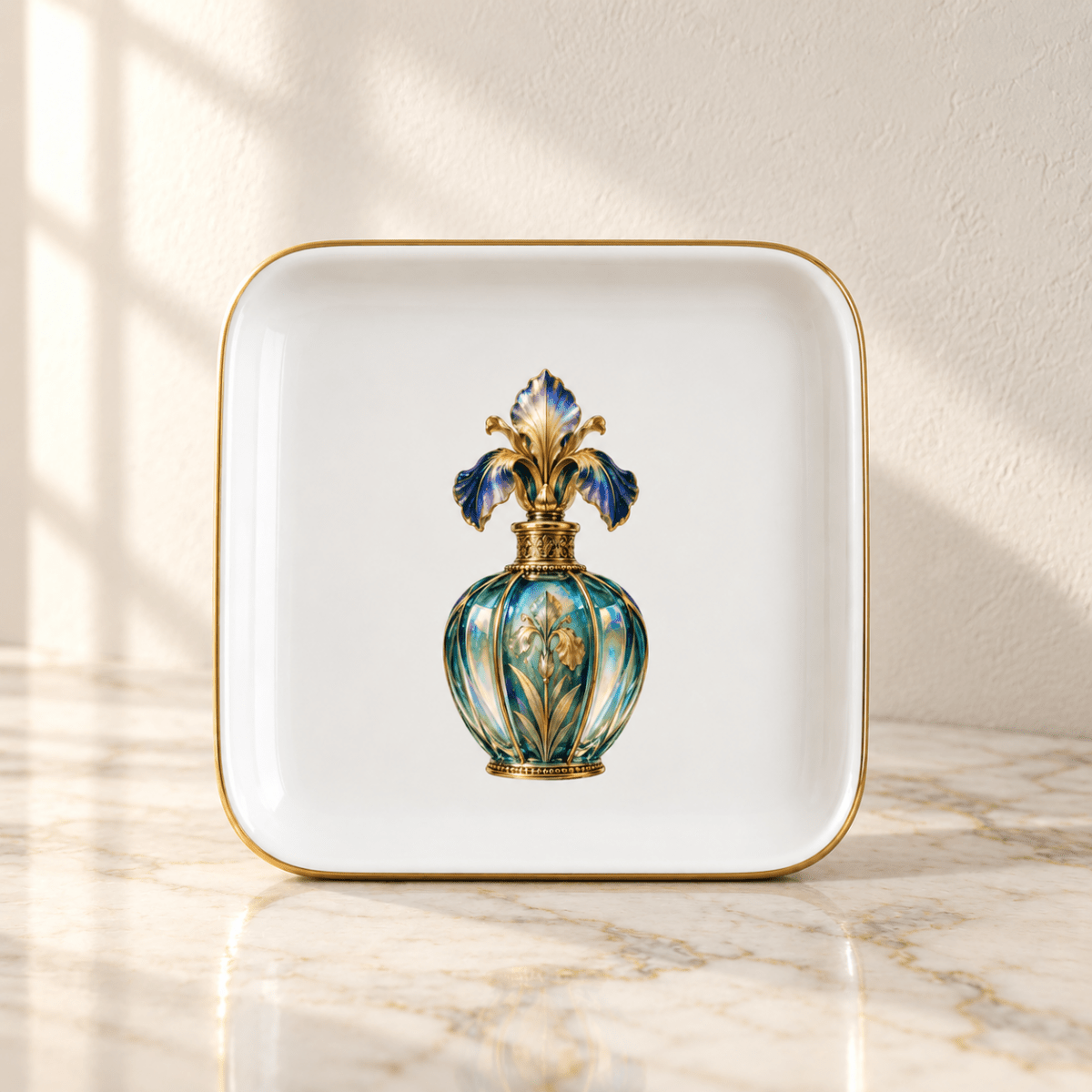 Displayed on a marble surface bathed in soft sunlight, the Iris Perfume Bottle Jewelry Tray from Mirabilia Boutique’s Gilded Reverie collection features a square white plate with a gold rim, styled as an elegant decorative tray. Resting atop is an ornate, vintage-inspired perfume bottle adorned with blue, green, and gold accents and finished with a floral-shaped stopper.