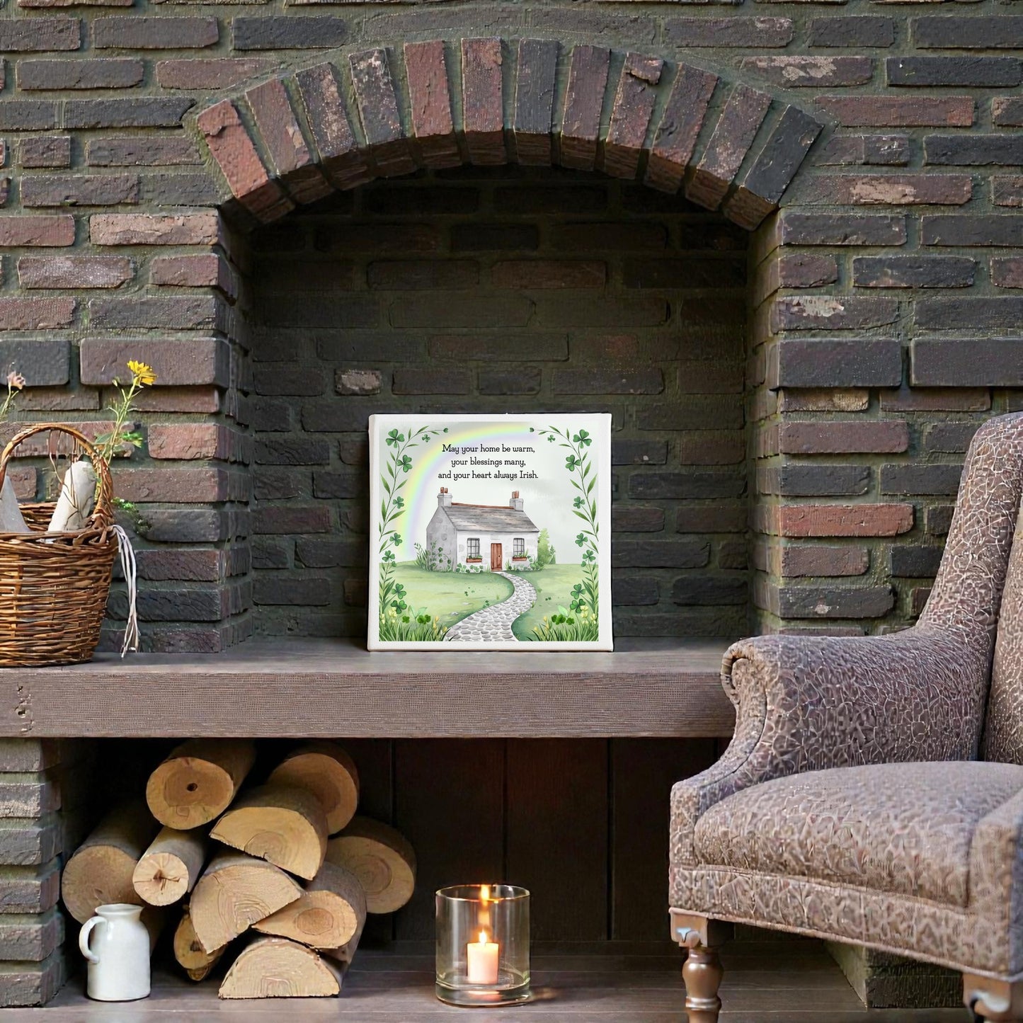 A cozy living space features a brick fireplace, armchair, wicker basket with flowers, firewood, glass candle, and the Mirabilia Boutique Irish Heart Home Blessing Canvas (8x8 Quote Sign)—a heartfelt housewarming decor piece.