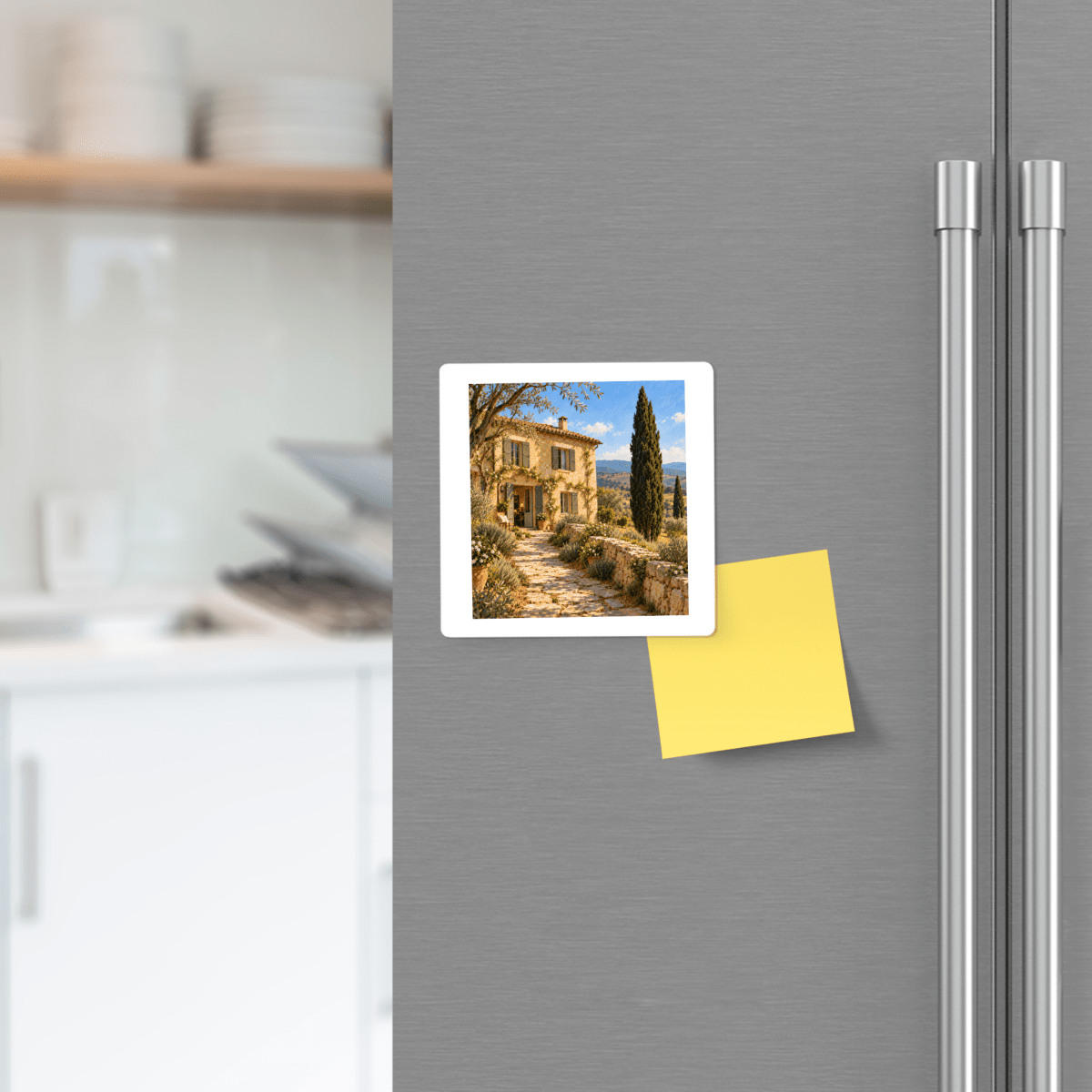 A square The Path Home Tuscan Art Magnet | Ochre & Cypress showing a Tuscan country-house with a cypress tree and stone walkway, attached to a refrigerator next to a yellow sticky note.