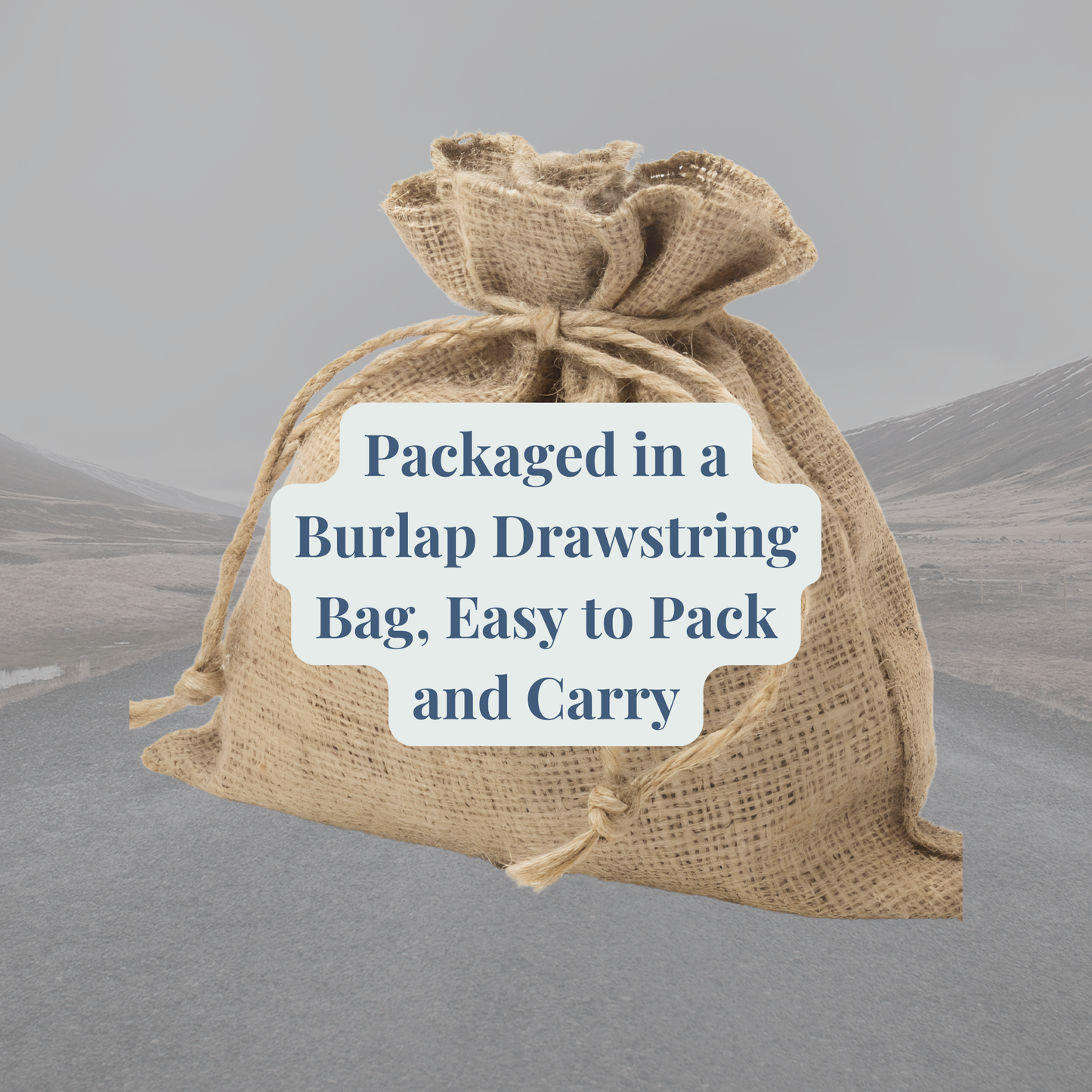 A burlap drawstring bag rests on a road with hills behind it. The bag’s text reads: “Packaged in a Burlap Drawstring Bag, Easy to Pack and Carry—perfect for Mirabilia Boutique’s Transportation Match Game | Kids Memory Game (15 Pairs).”.