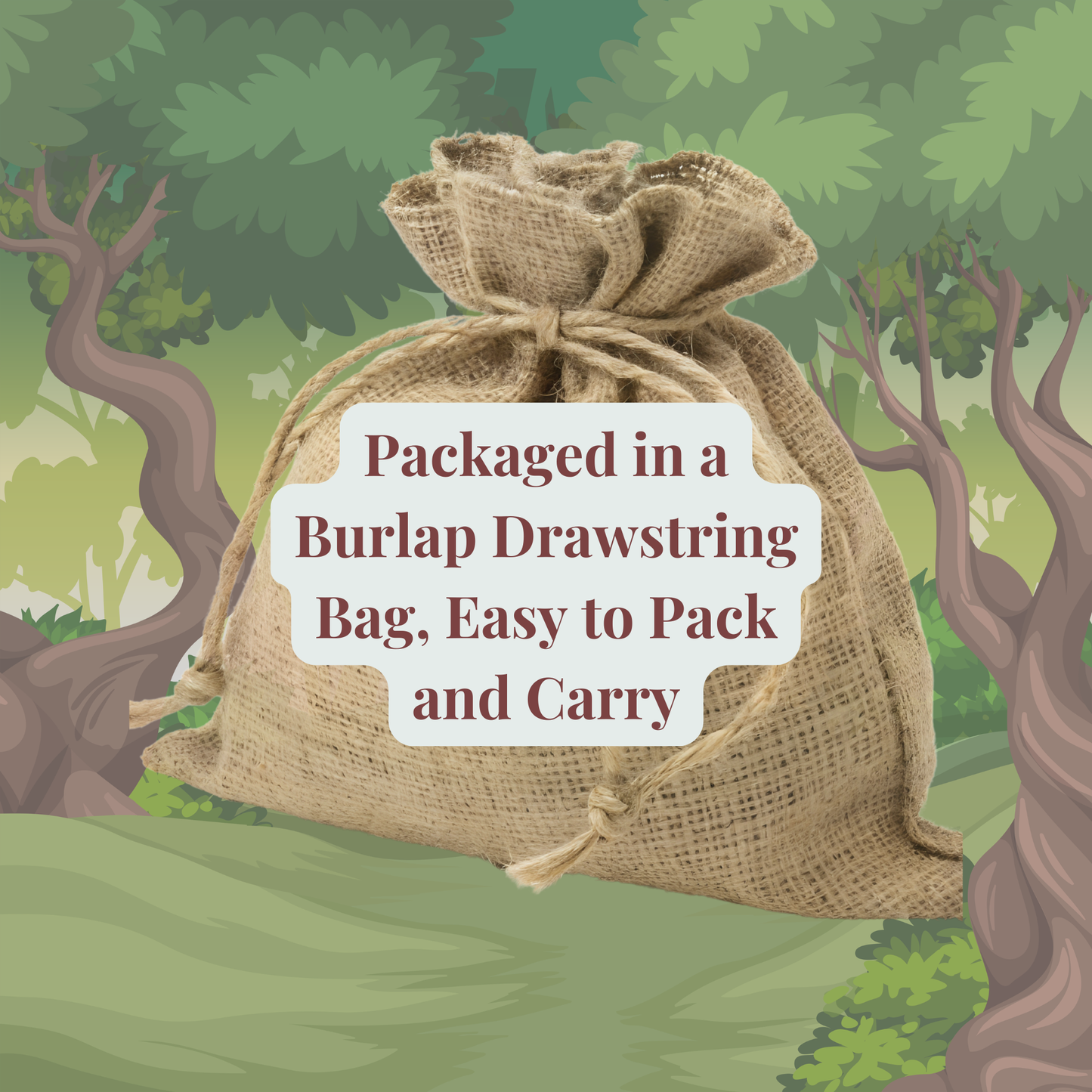 The Mirabilia Boutique Woodland Animal Match Game (15 pairs) comes in a convenient burlap drawstring bag with a cartoon forest background, making it easy to pack and ideal for fun preschool activities.