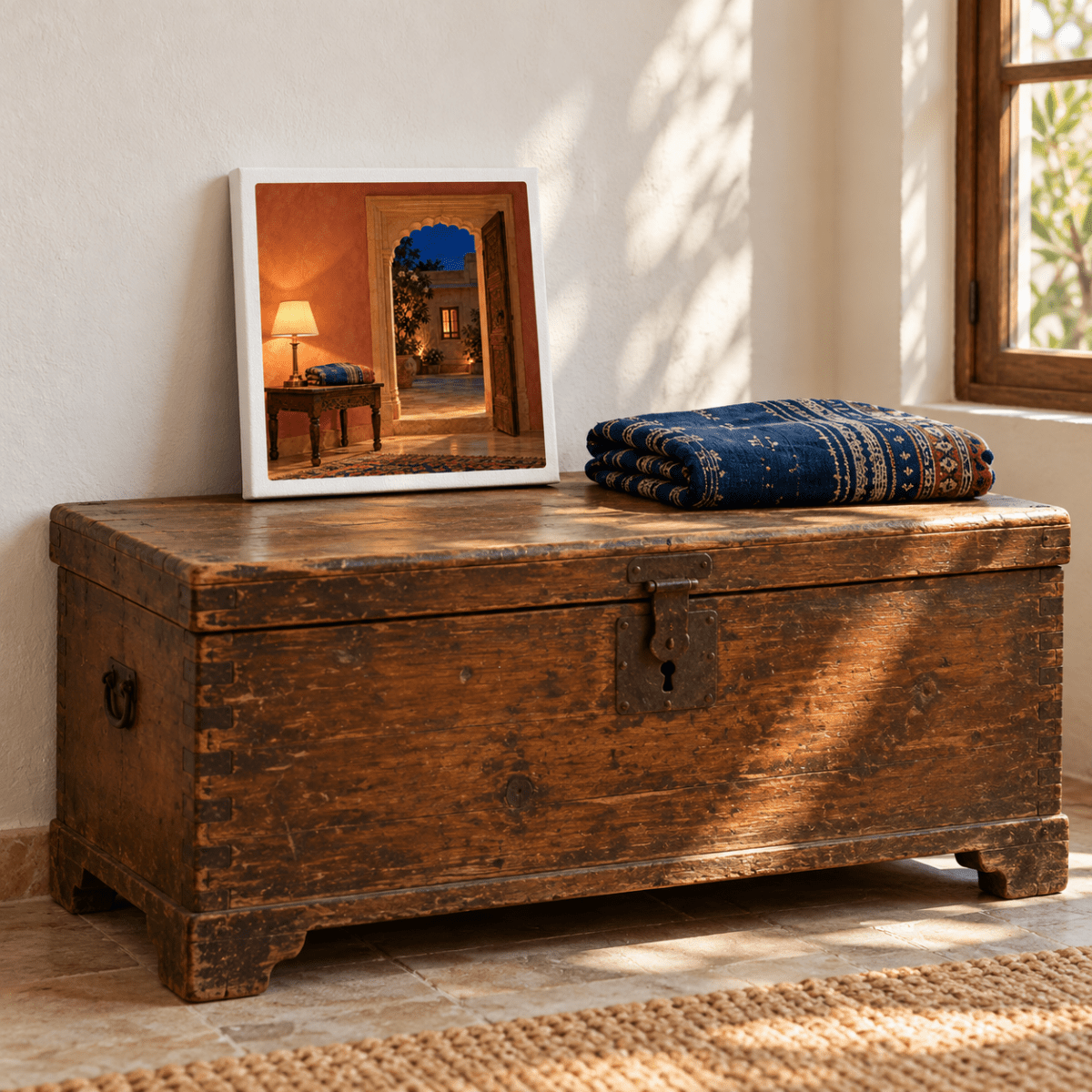 The Light Still On Canvas | Sand & Saffron gallery-wrapped print of an illuminated window painting depicting an evening courtyard scene, resting on a weathered wooden chest beside a folded patterned textile.
