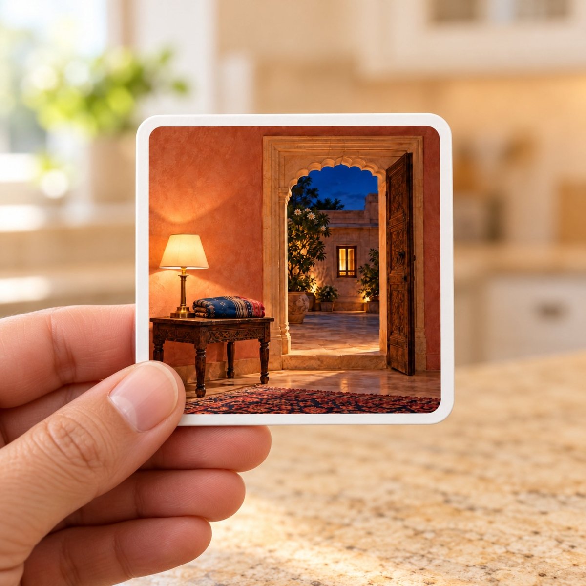 A hand holds a square The Light Still On Magnet | Sand & Saffron featuring an illustration of a lamp-lit room with an open doorway looking out onto a courtyard at dusk.
