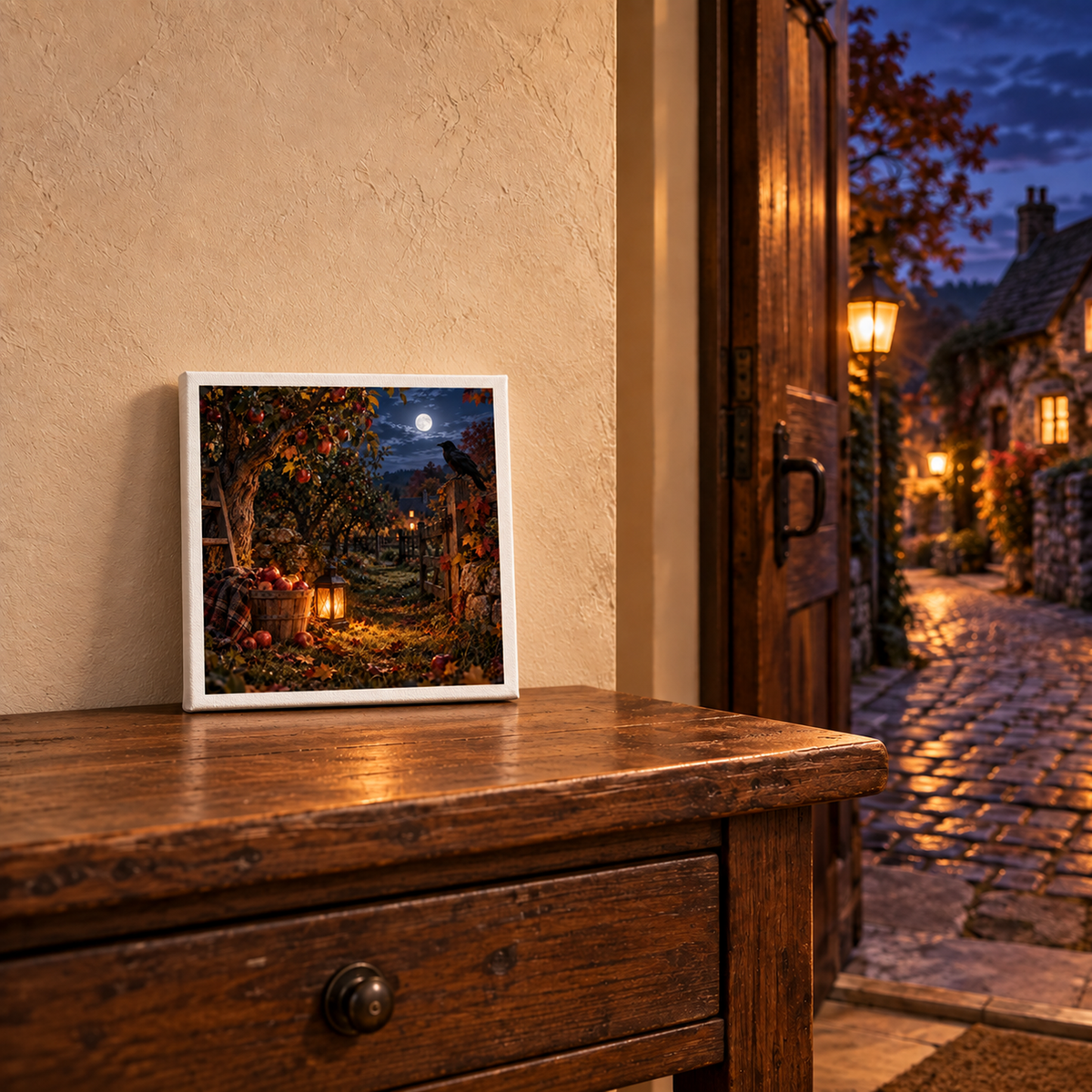 The Midnight Orchard Canvas | Autumn Raven Art by Mirabilia Boutique rests on a wooden table near an open door, revealing a cozy twilight cottage, cobblestone path, and autumn garden.