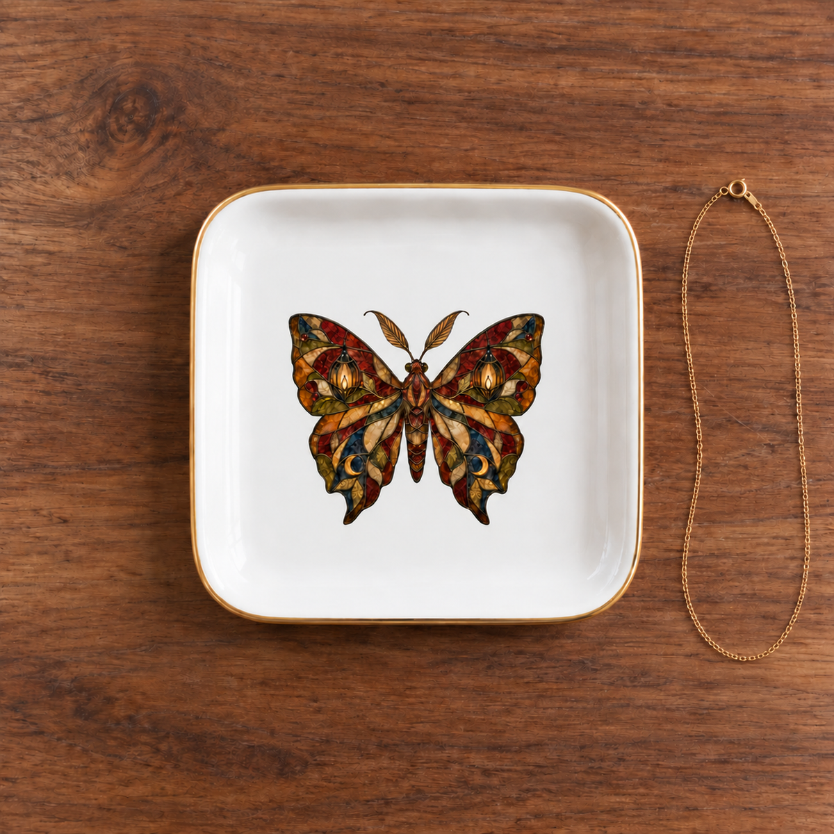 The Lantern Moth Ceramic Jewelry Tray by Mirabilia Boutique, featuring a colorful butterfly design, rests on a wooden surface with a gold chain necklace beside it.