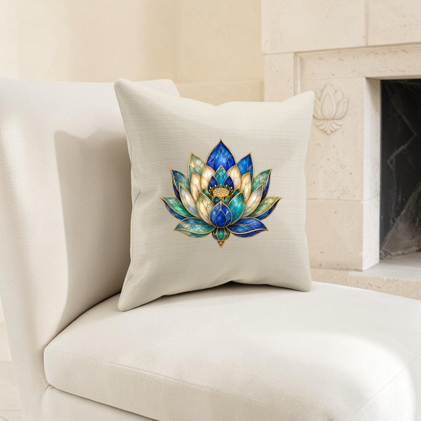 A white chair adorned with the Mirabilia Boutique Lapis Bloom Pillow | Egyptian Lotus Home Decor—featuring a vibrant blue, gold, and green lotus flower design—sits beside a fireplace decorated with a lotus motif on the mantel, bringing an elegant touch of Egyptian-inspired décor to the space.