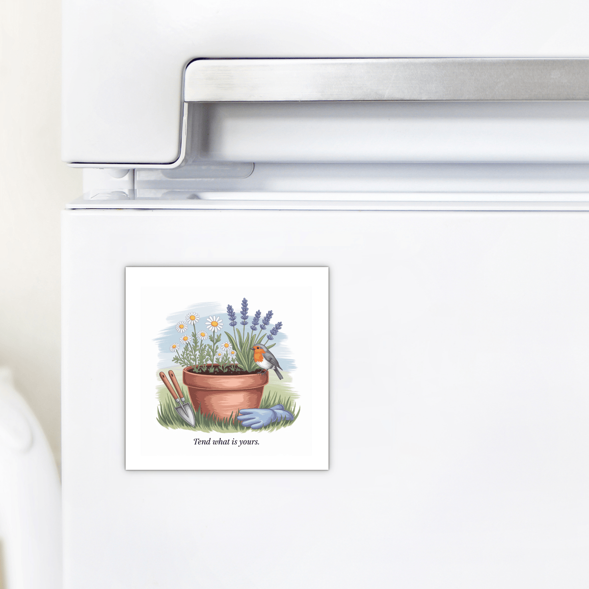 The Tend What Is Yours Magnet – Garden Quote with Florals by Mirabilia Boutique features a potted plant, flowers, trowel, gloves, and bird on a white fridge. "Tend what is yours." A perfect inspirational gift for garden lovers.