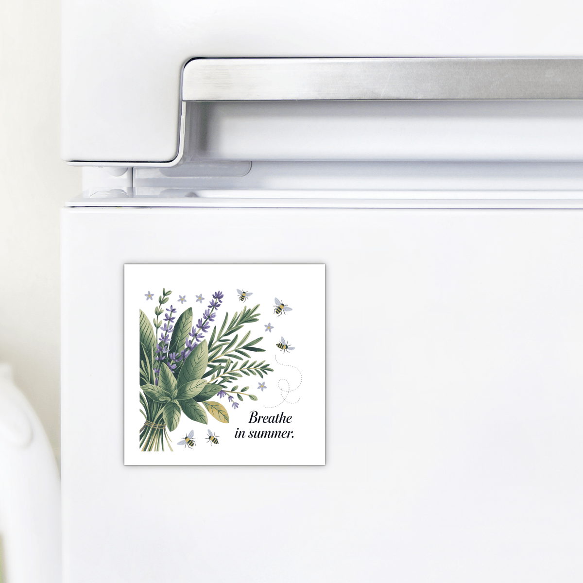 Add a touch of nature to your fridge with the “Breathe in Summer Magnet – Botanical Calm & Gentle Bees” from Mirabilia Boutique, featuring herbs, bees, and uplifting text—a charming gift.